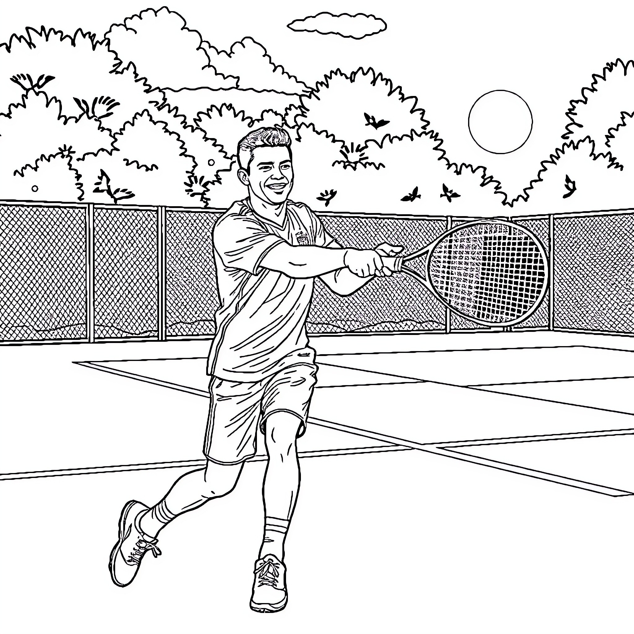 Ronaldo playing tennis on the court Coloring Page (free black-and-white line drawing printable PDF for all, from beginners to advanced learners, including children, teens, adults, and seniors)