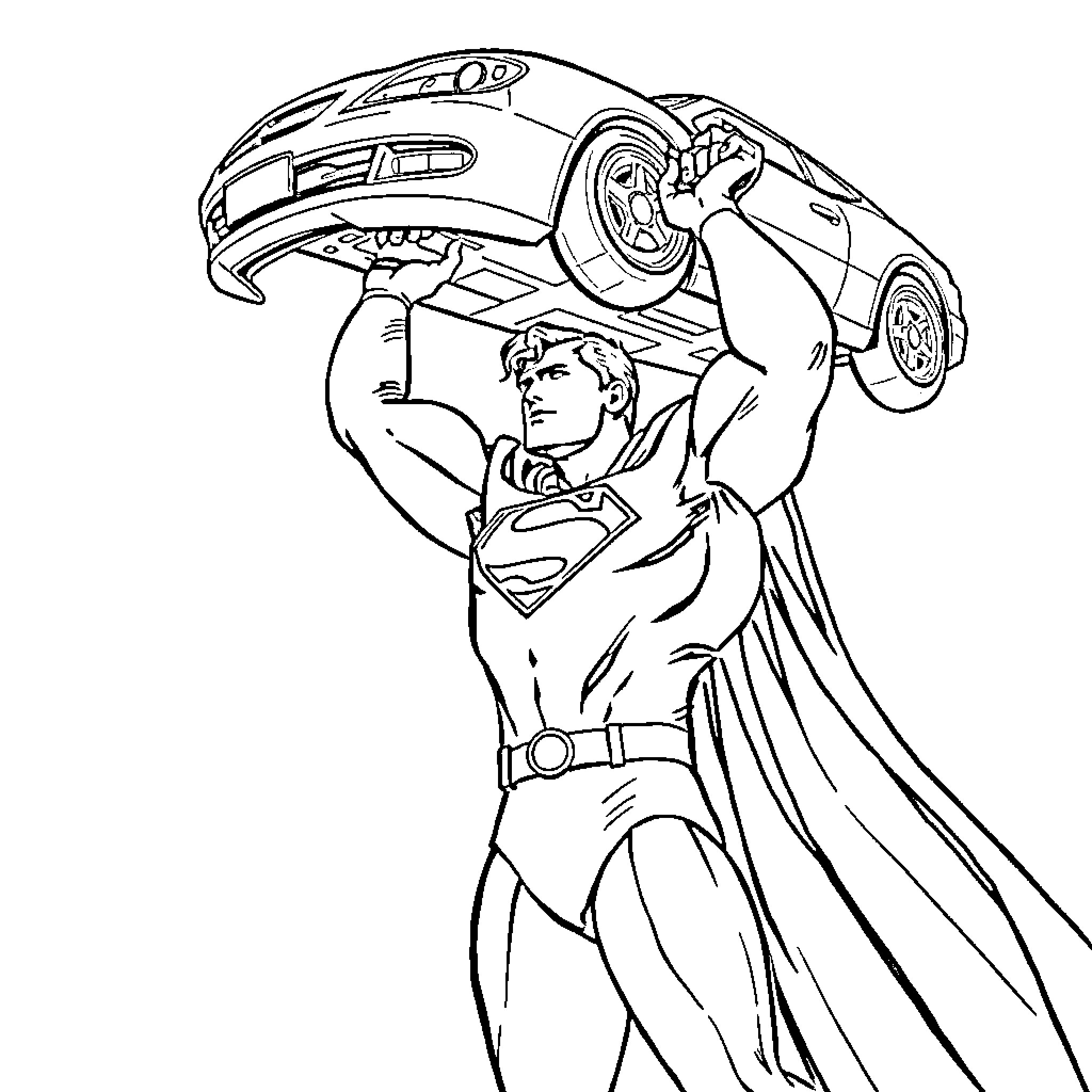 Superman lifts car with heroic strength Coloring Page (free black-and-white line drawing printable PDF for all, from beginners to advanced learners, including children, teens, adults, and seniors)