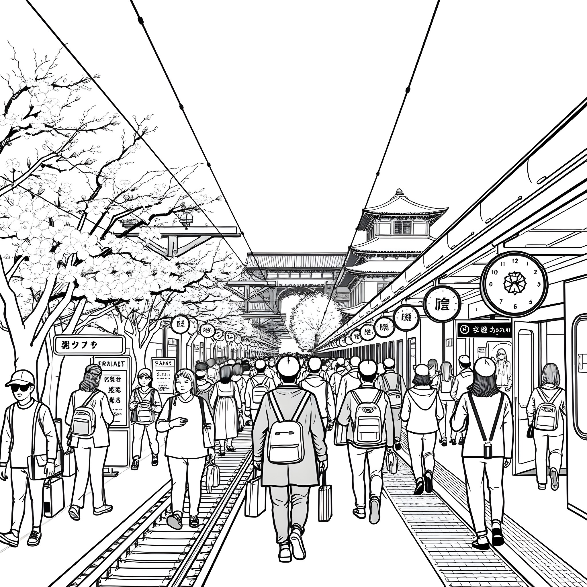 Train station with busy crowd and traditional Japanese architecture Coloring Page (free black-and-white line drawing printable PDF for all, from beginners to advanced learners, including children, teens, adults, and seniors)