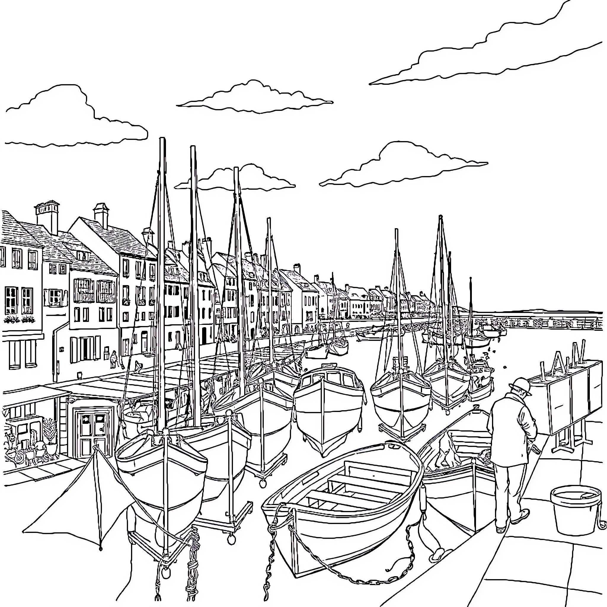 Port Scene with Boats, Docks, and Buildings Coloring Page (free black-and-white line drawing printable PDF for all, from beginners to advanced learners, including children, teens, adults, and seniors)