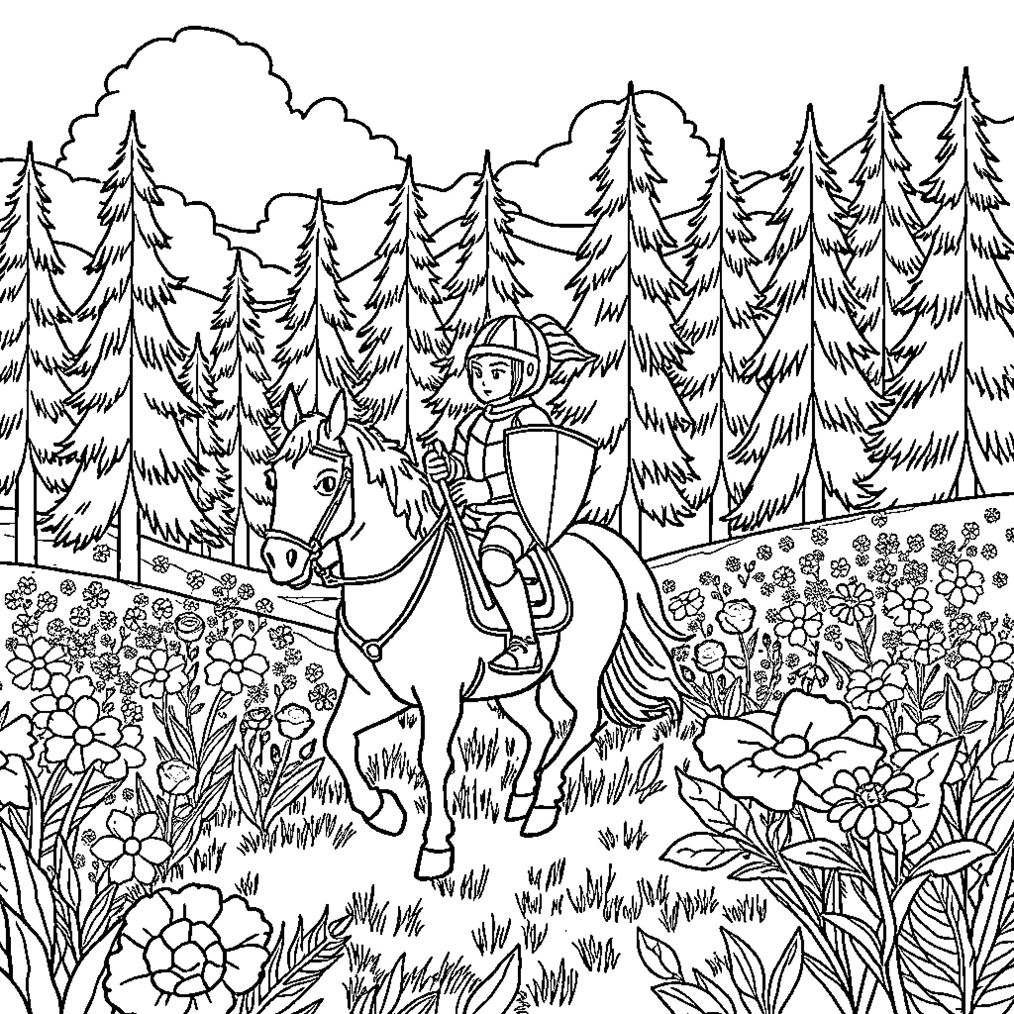 Knight riding a horse through a forest Coloring Page (free black-and-white line drawing printable PDF for all, from beginners to advanced learners, including children, teens, adults, and seniors)