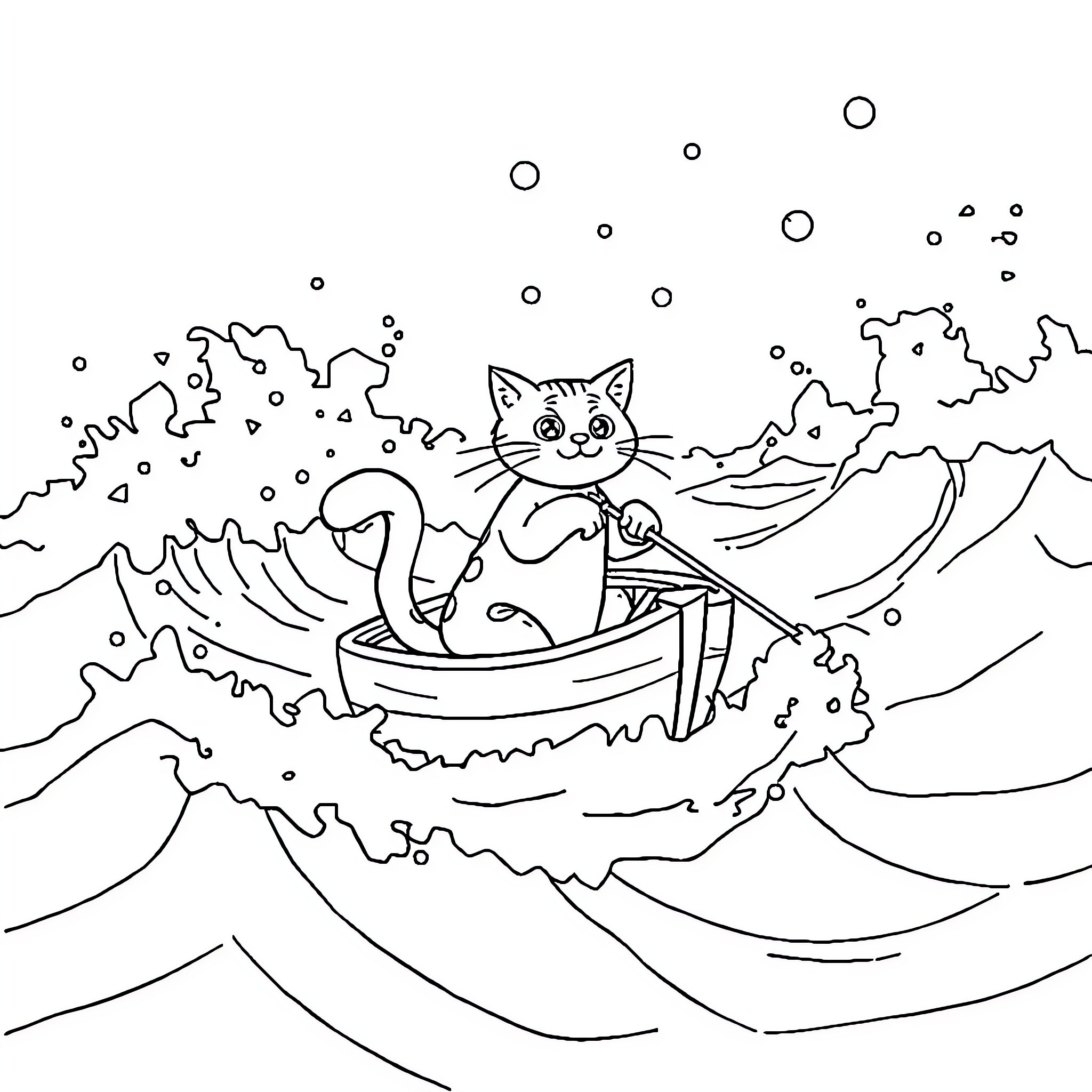 Cat sailing on boat in rough waters Coloring Page (free black-and-white line drawing printable PDF for all, from beginners to advanced learners, including children, teens, adults, and seniors)