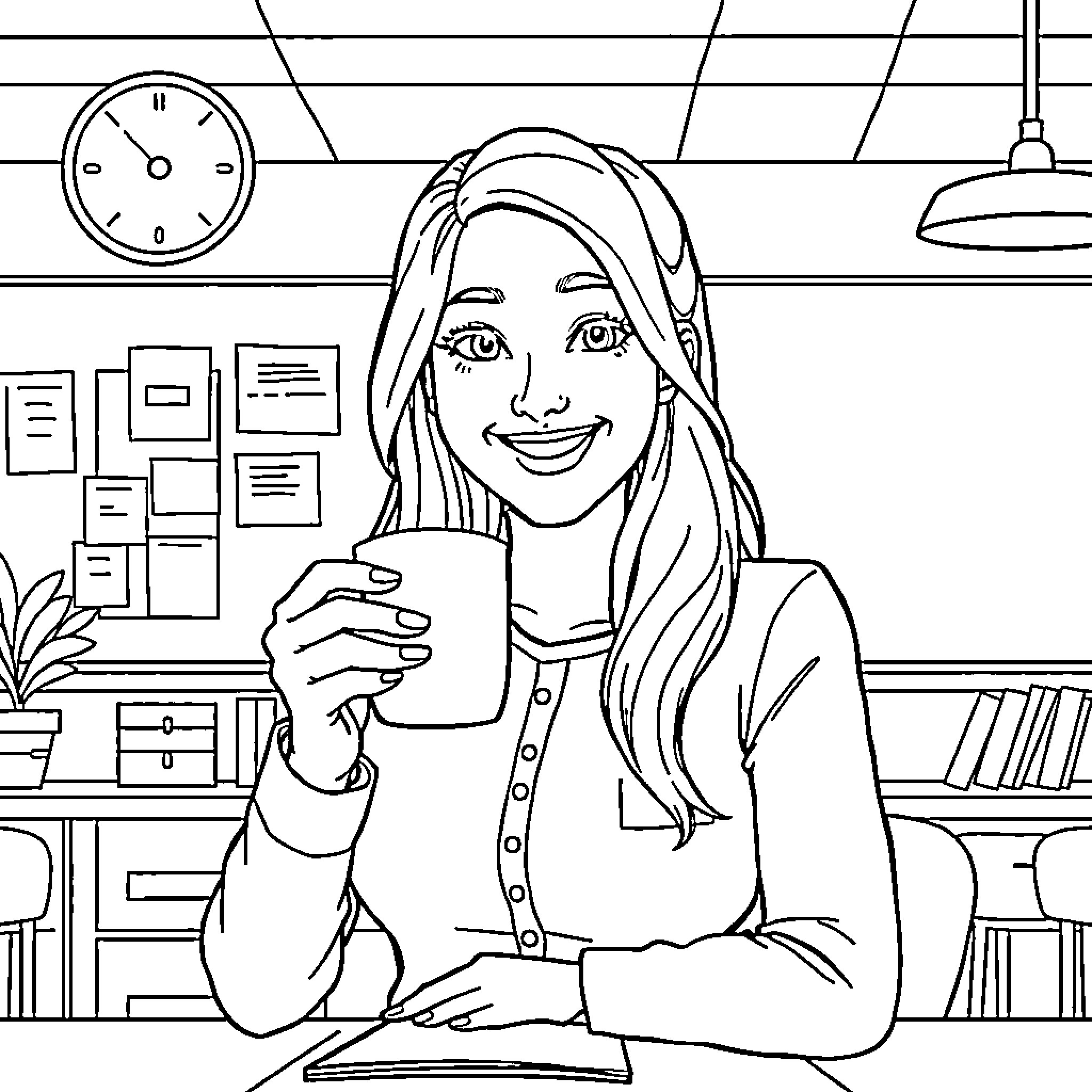 Teacher enjoying a coffee break in the classroom Coloring Page (free black-and-white line drawing printable PDF for all, from beginners to advanced learners, including children, teens, adults, and seniors)