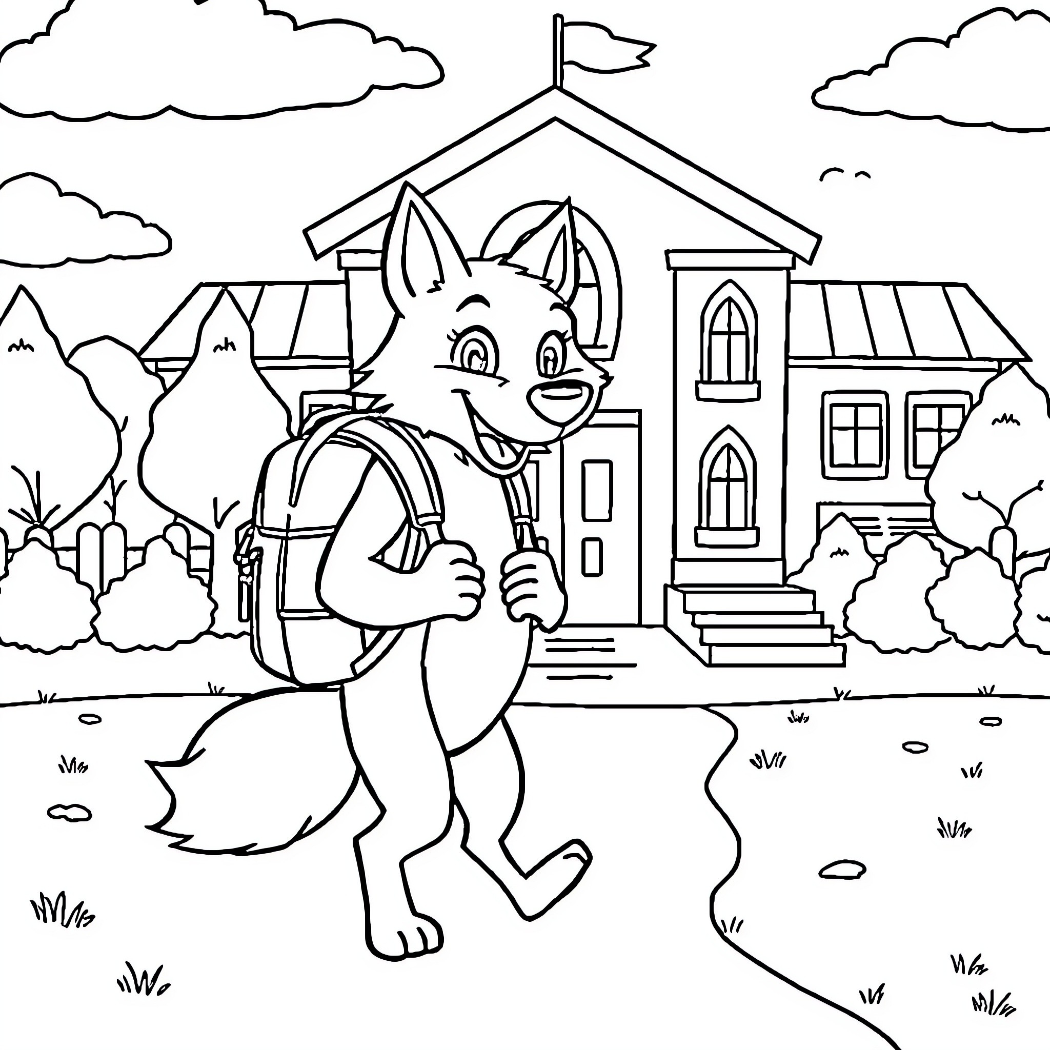 Wolf character walking to school with backpack Coloring Page (free black-and-white line drawing printable PDF for all, from beginners to advanced learners, including children, teens, adults, and seniors)