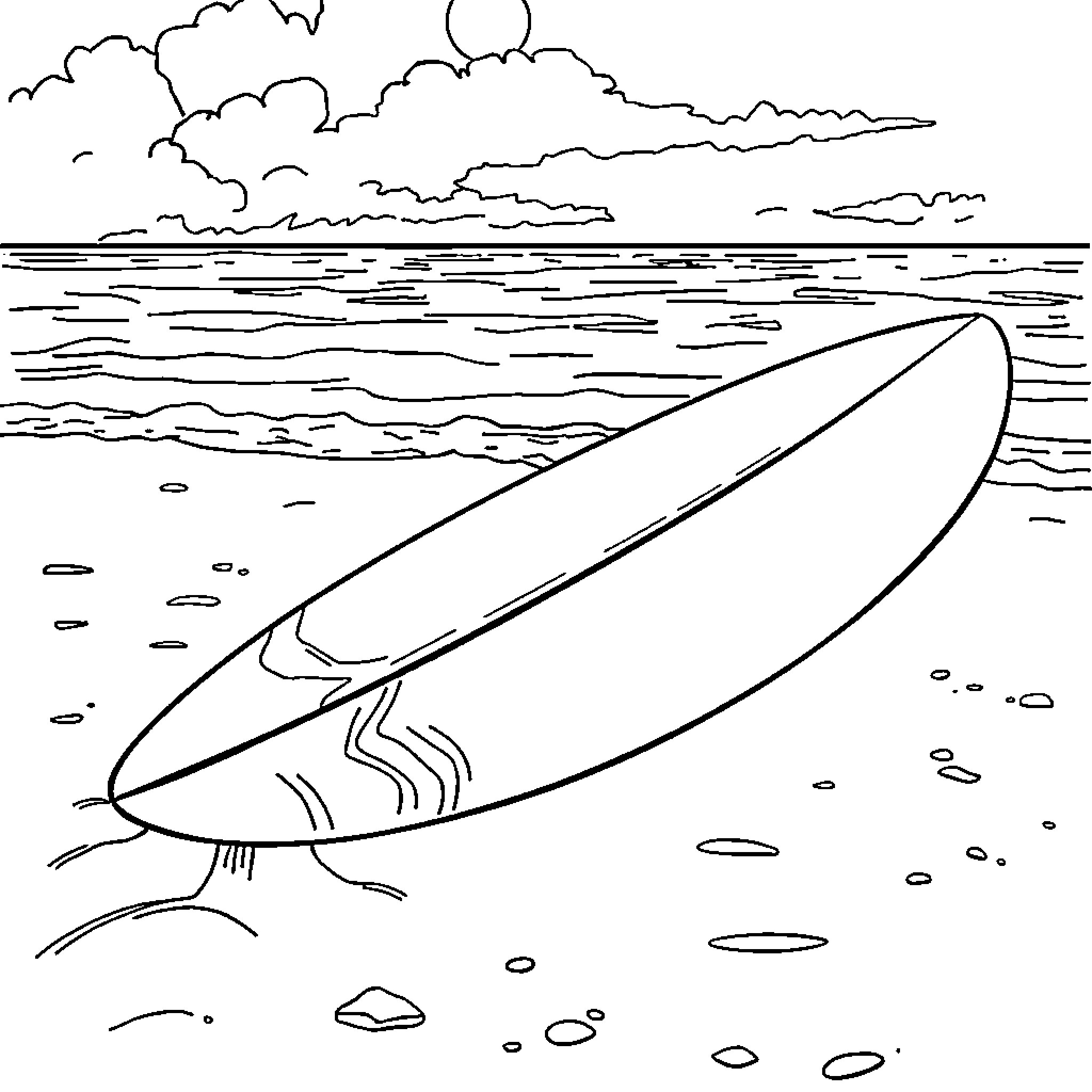 Surf scene with seascape and cloudy sky Coloring Page (free black-and-white line drawing printable PDF for all, from beginners to advanced learners, including children, teens, adults, and seniors)