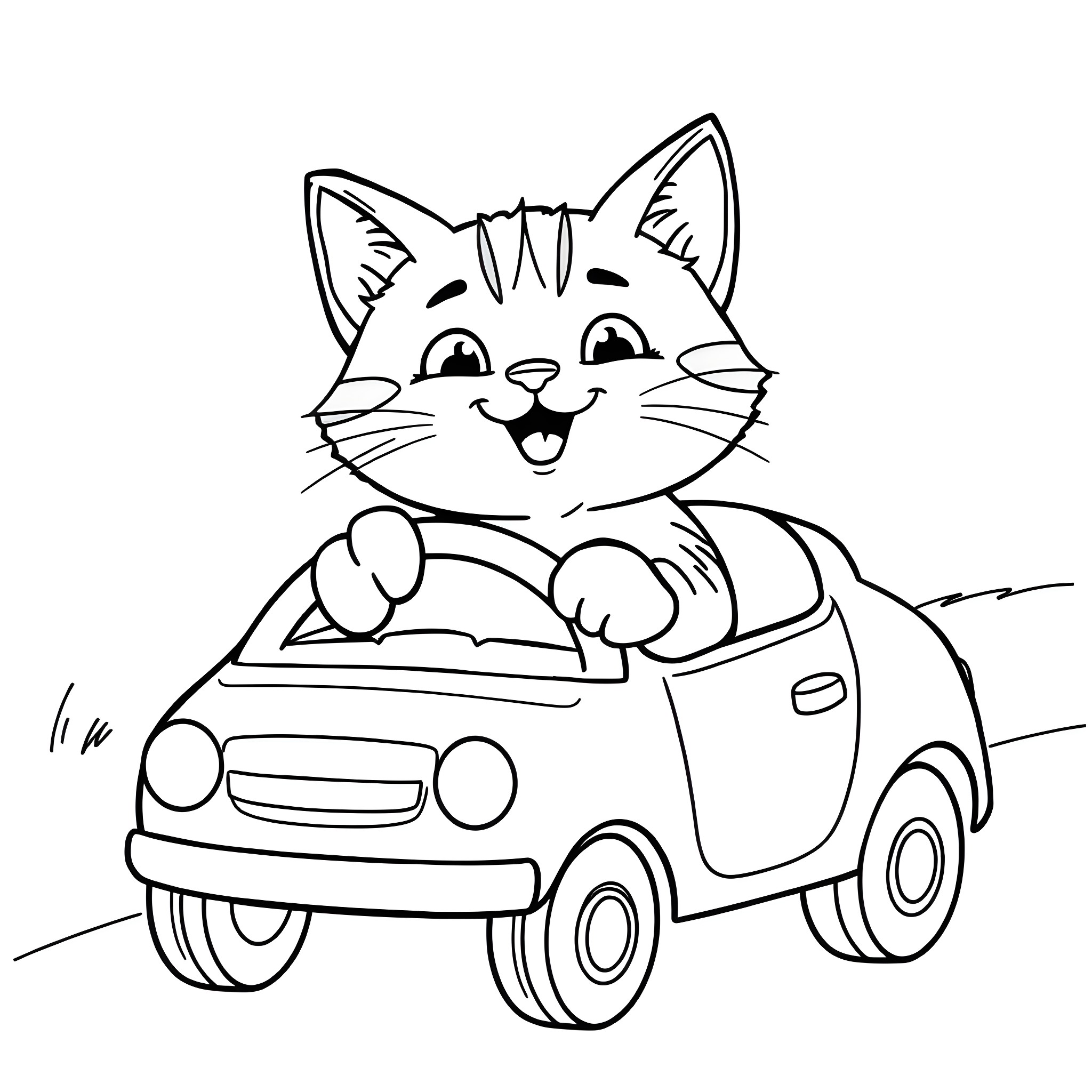 Cat riding happily in a car Coloring Page (free black-and-white line drawing printable PDF for all, from beginners to advanced learners, including children, teens, adults, and seniors)