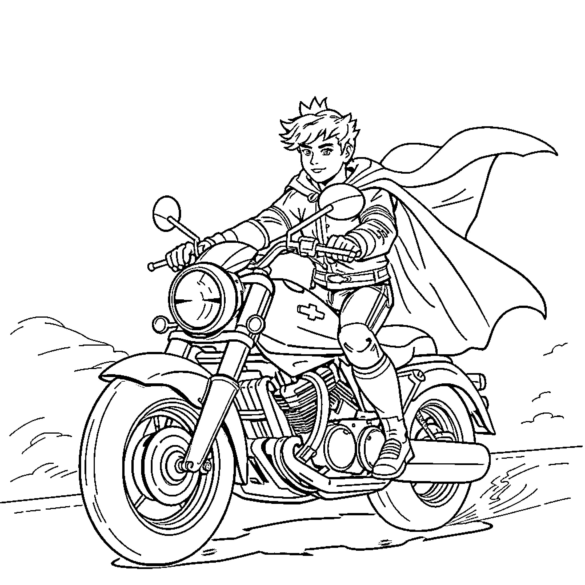 Prince riding a powerful motorcycle on the open road Coloring Page (free black-and-white line drawing printable PDF for all, from beginners to advanced learners, including children, teens, adults, and seniors)