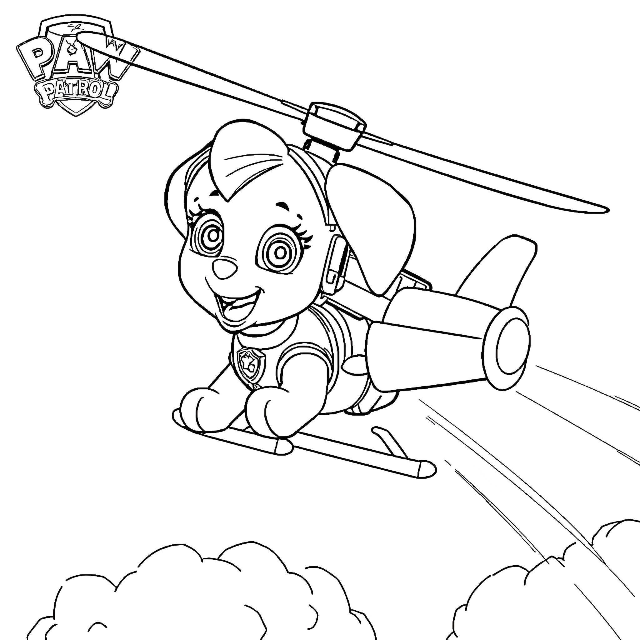Skye soaring high on a rescue mission Coloring Page (free black-and-white line drawing printable PDF for all, from beginners to advanced learners, including children, teens, adults, and seniors)