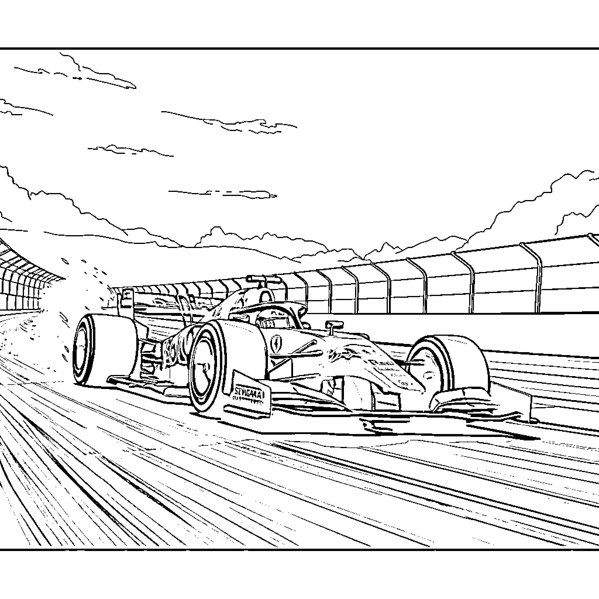 Red Bull RB21 Formula One car racing on track Coloring Page (free black-and-white line drawing printable PDF for all, from beginners to advanced learners, including children, teens, adults, and seniors)
