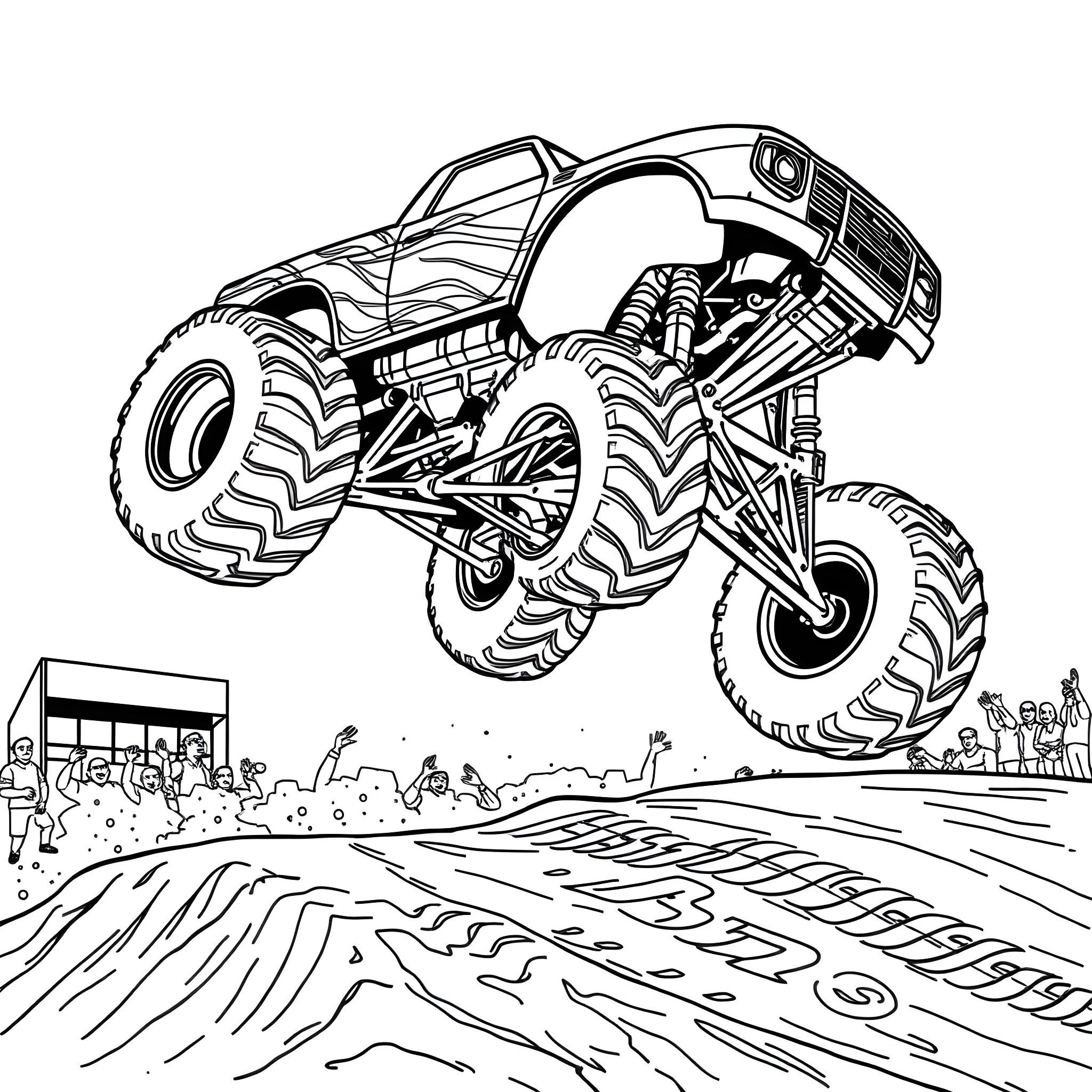 Monster Truck Performing Extreme Stunts in Dirt Field Coloring Page (free black-and-white line drawing printable PDF for all, from beginners to advanced learners, including children, teens, adults, and seniors)