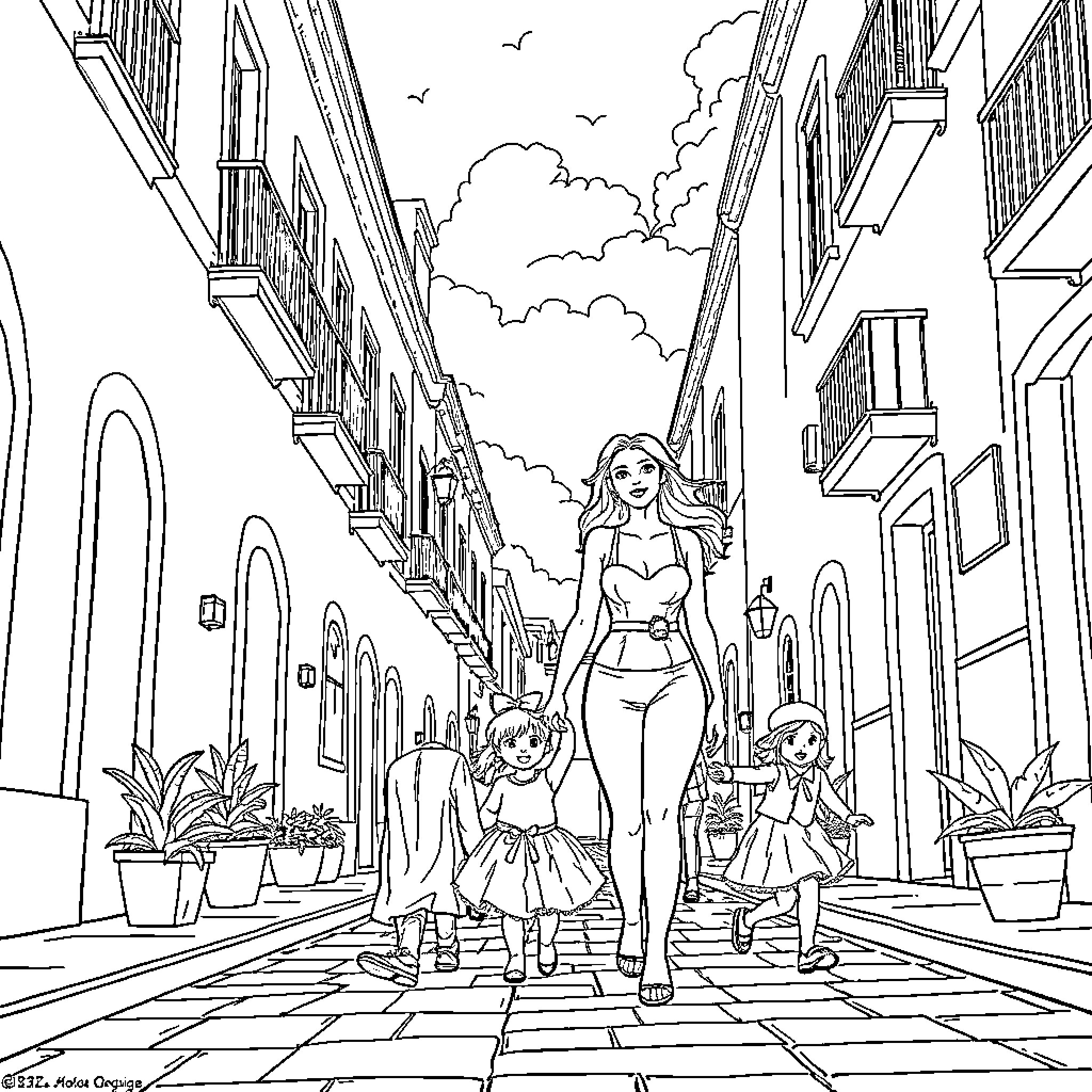 Couple strolling with children in idyllic town Coloring Page (free black-and-white line drawing printable PDF for all, from beginners to advanced learners, including children, teens, adults, and seniors)