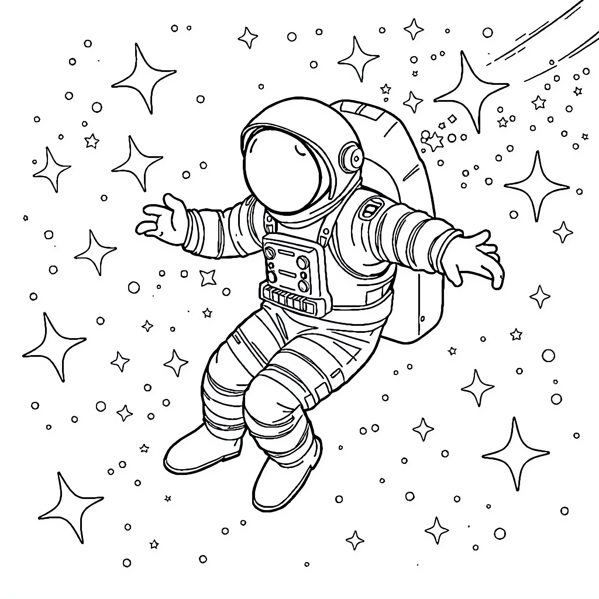 Astronaut exploring the starry cosmos Coloring Page (free black-and-white line drawing printable PDF for all, from beginners to advanced learners, including children, teens, adults, and seniors)