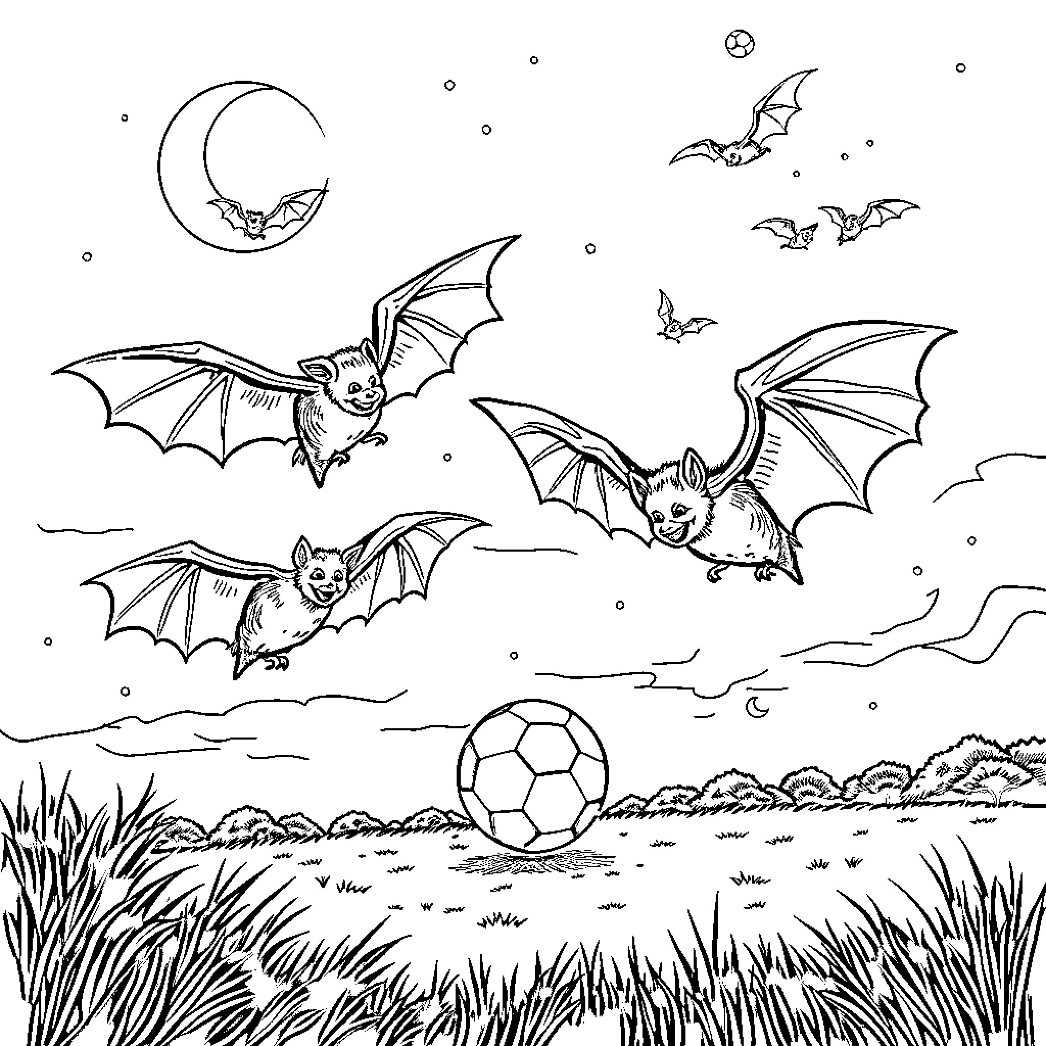 Bats playing with soccer ball under starry night sky Coloring Page (free black-and-white line drawing printable PDF for all, from beginners to advanced learners, including children, teens, adults, and seniors)