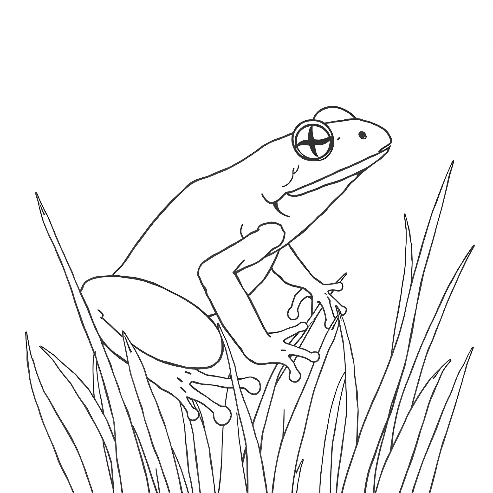 Frog exploring the grasslands Coloring Page (free black-and-white line drawing printable PDF for all, from beginners to advanced learners, including children, teens, adults, and seniors)