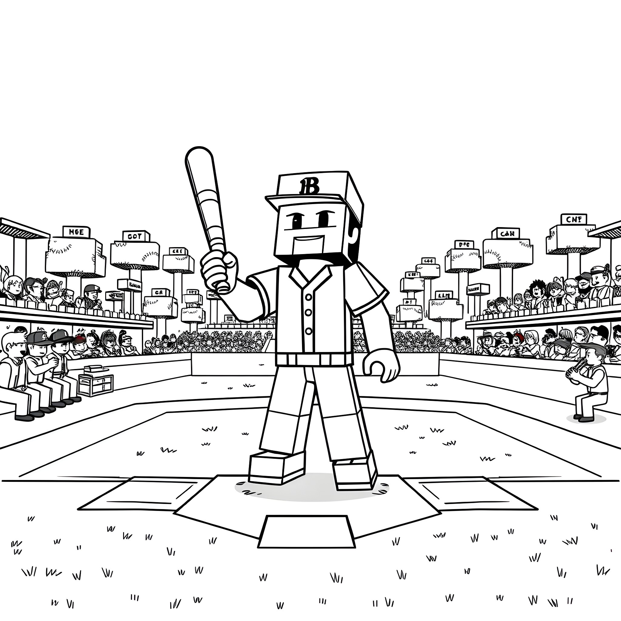 Minecraft Baseball Player Competing on the Field Coloring Page (free black-and-white line drawing printable PDF for all, from beginners to advanced learners, including children, teens, adults, and seniors)