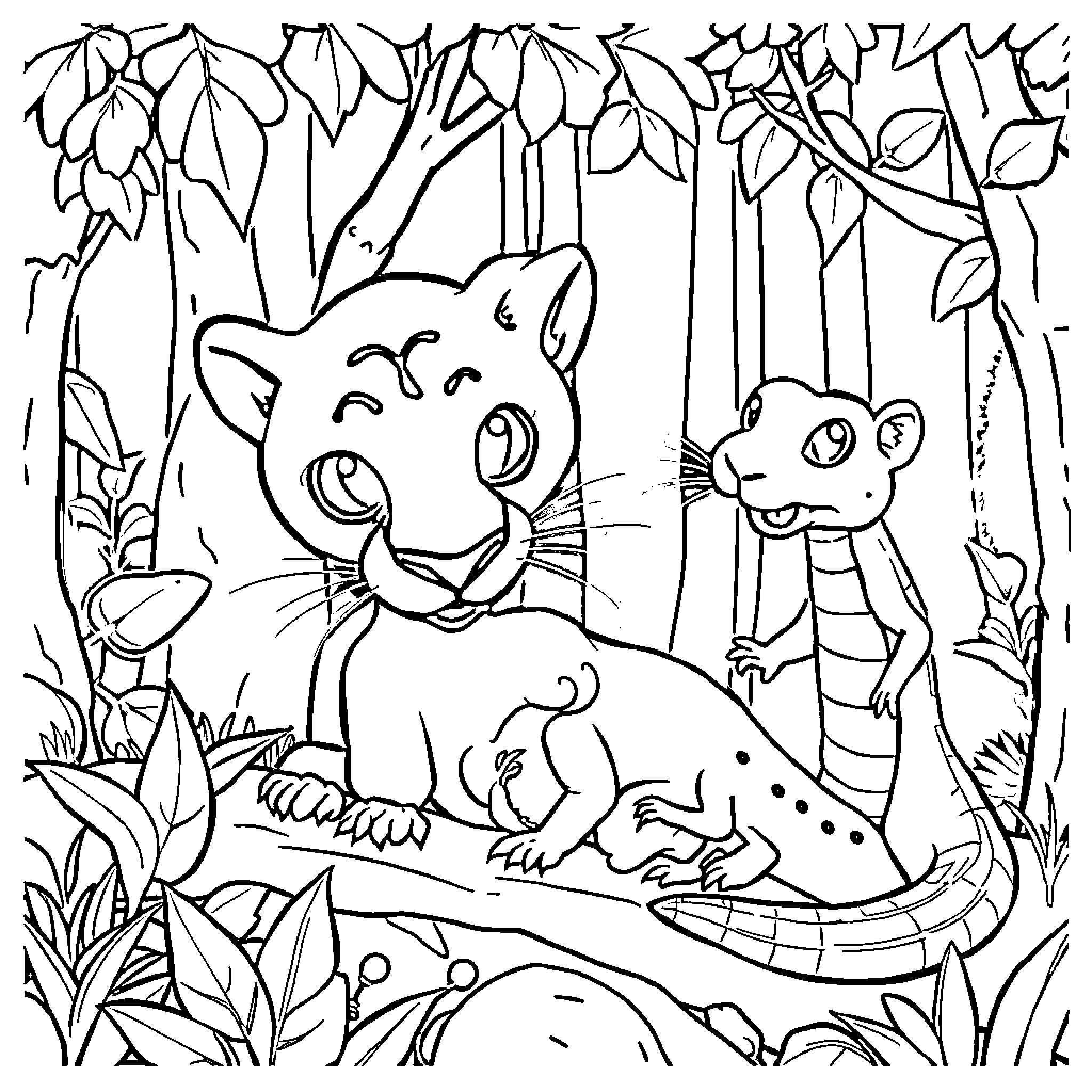 Bébé Animal in the Jungle Coloring Page (free black-and-white line drawing printable PDF for all, from beginners to advanced learners, including children, teens, adults, and seniors)