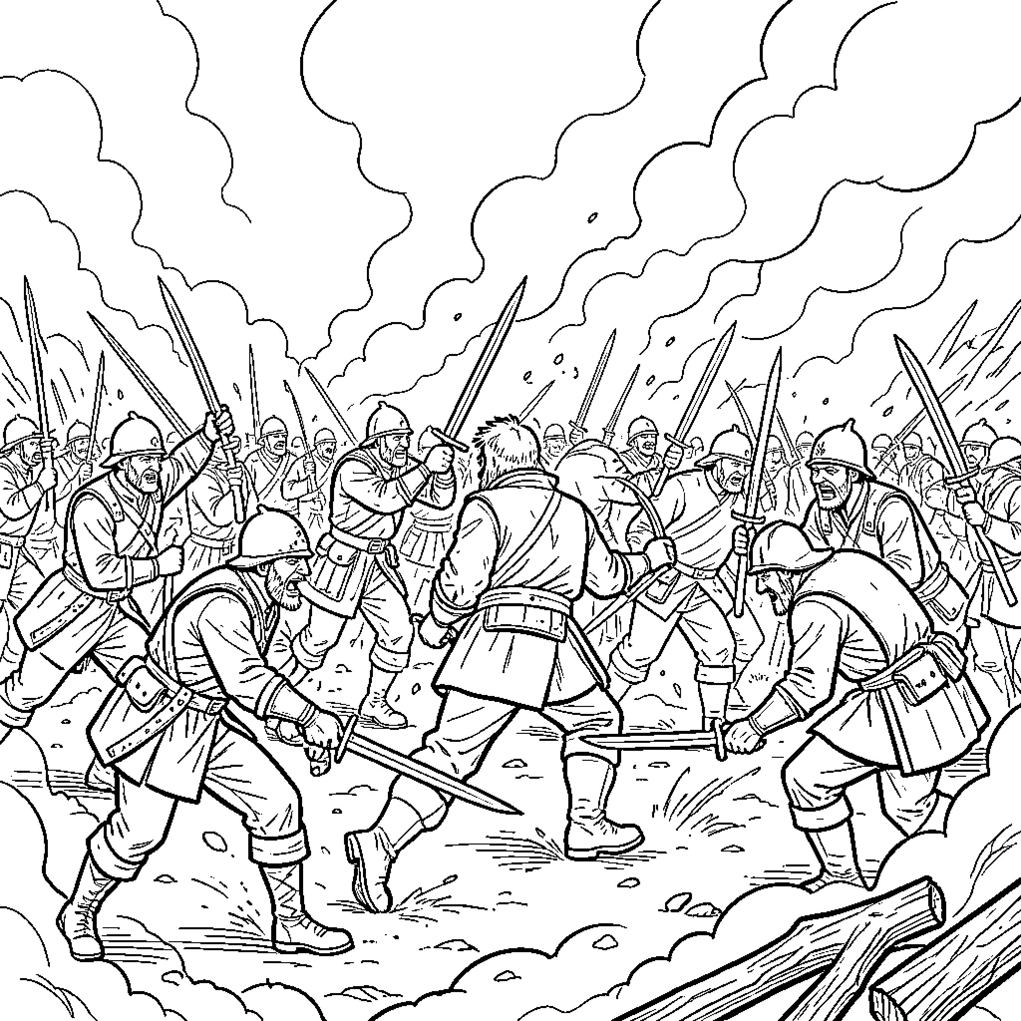 War Rages on the Battlefield with Clashing Soldiers Coloring Page (free black-and-white line drawing printable PDF for all, from beginners to advanced learners, including children, teens, adults, and seniors)