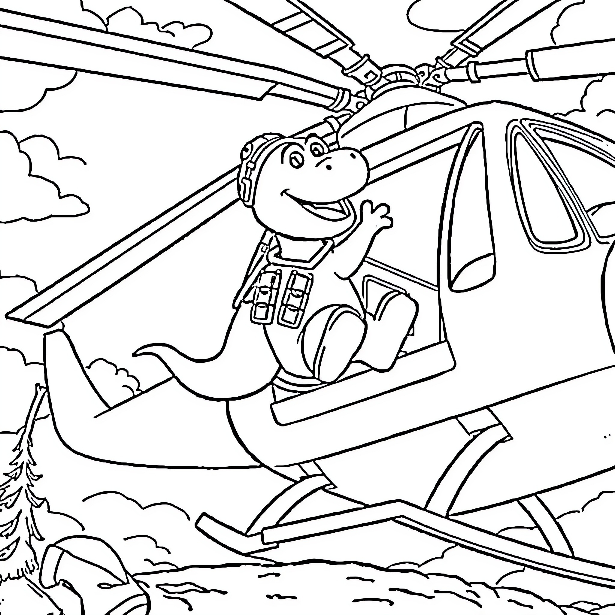 Barney in a helicopter adventure Coloring Page (free black-and-white line drawing printable PDF for all, from beginners to advanced learners, including children, teens, adults, and seniors)