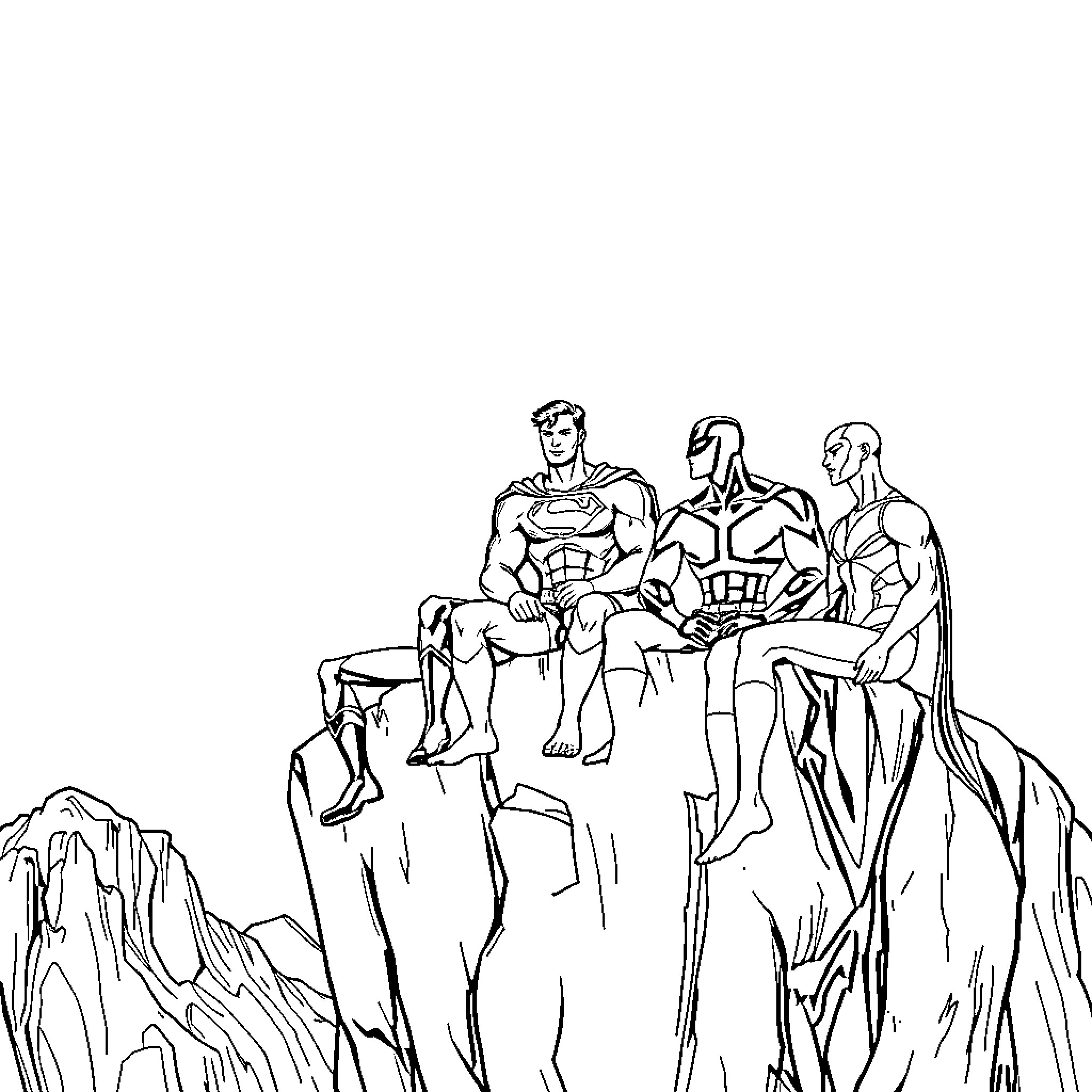 Superman and allies survey the landscape Coloring Page (free black-and-white line drawing printable PDF for all, from beginners to advanced learners, including children, teens, adults, and seniors)