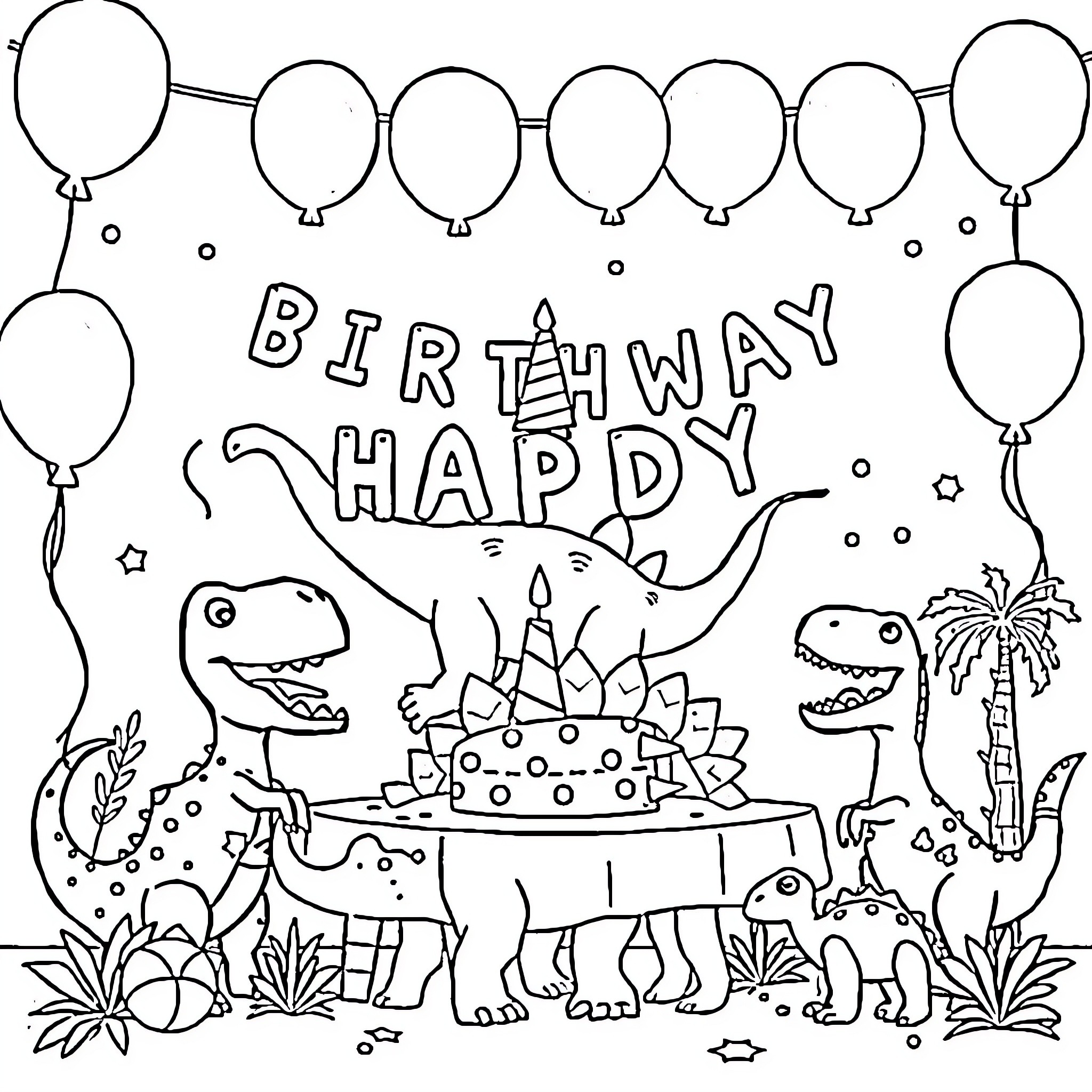 Dinosaur party with happy birthday celebration Coloring Page (free black-and-white line drawing printable PDF for all, from beginners to advanced learners, including children, teens, adults, and seniors)