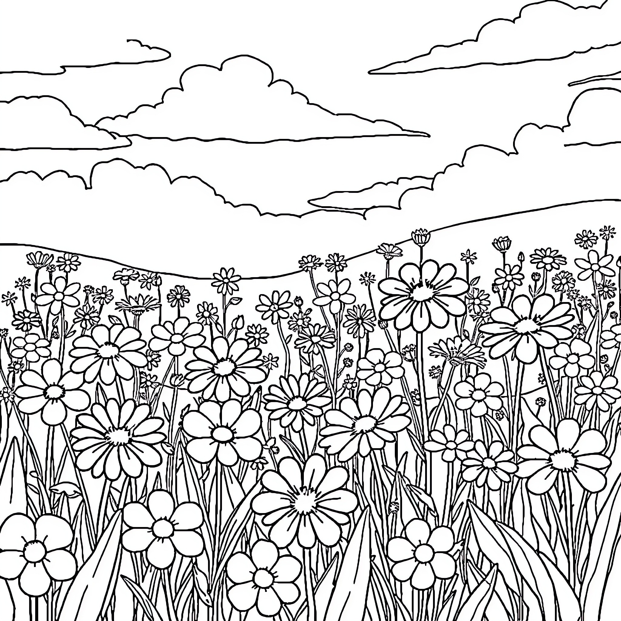 Flower field under a cloudy sky Coloring Page (free black-and-white line drawing printable PDF for all, from beginners to advanced learners, including children, teens, adults, and seniors)