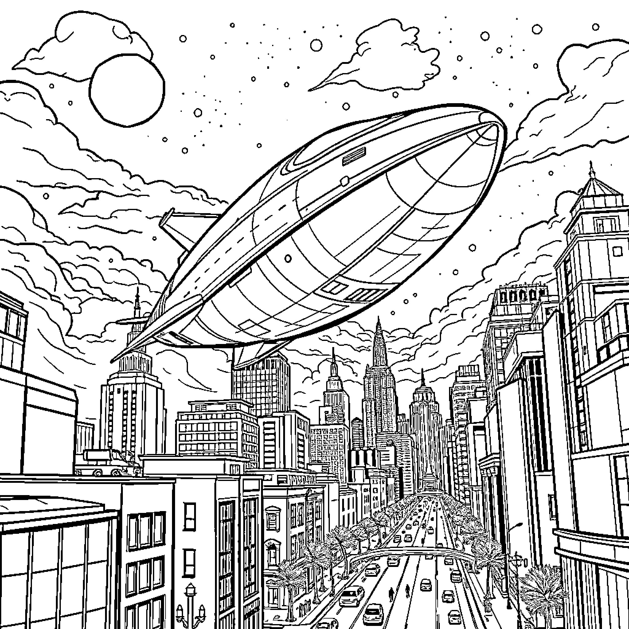 Spaceship soaring over a bustling metropolis Coloring Page (free black-and-white line drawing printable PDF for all, from beginners to advanced learners, including children, teens, adults, and seniors)