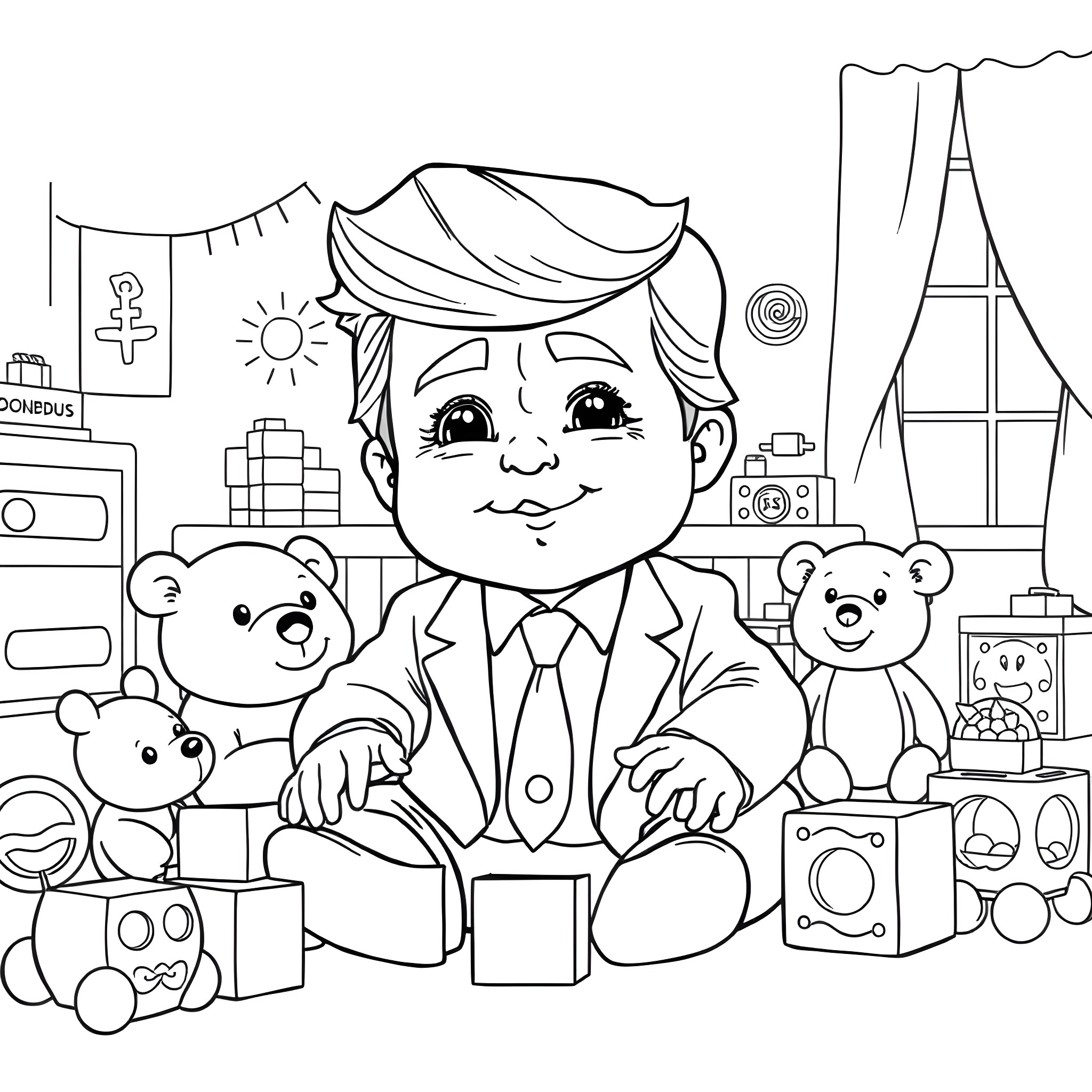 Donald Trump playing with toys in the office Coloring Page (free black-and-white line drawing printable PDF for all, from beginners to advanced learners, including children, teens, adults, and seniors)