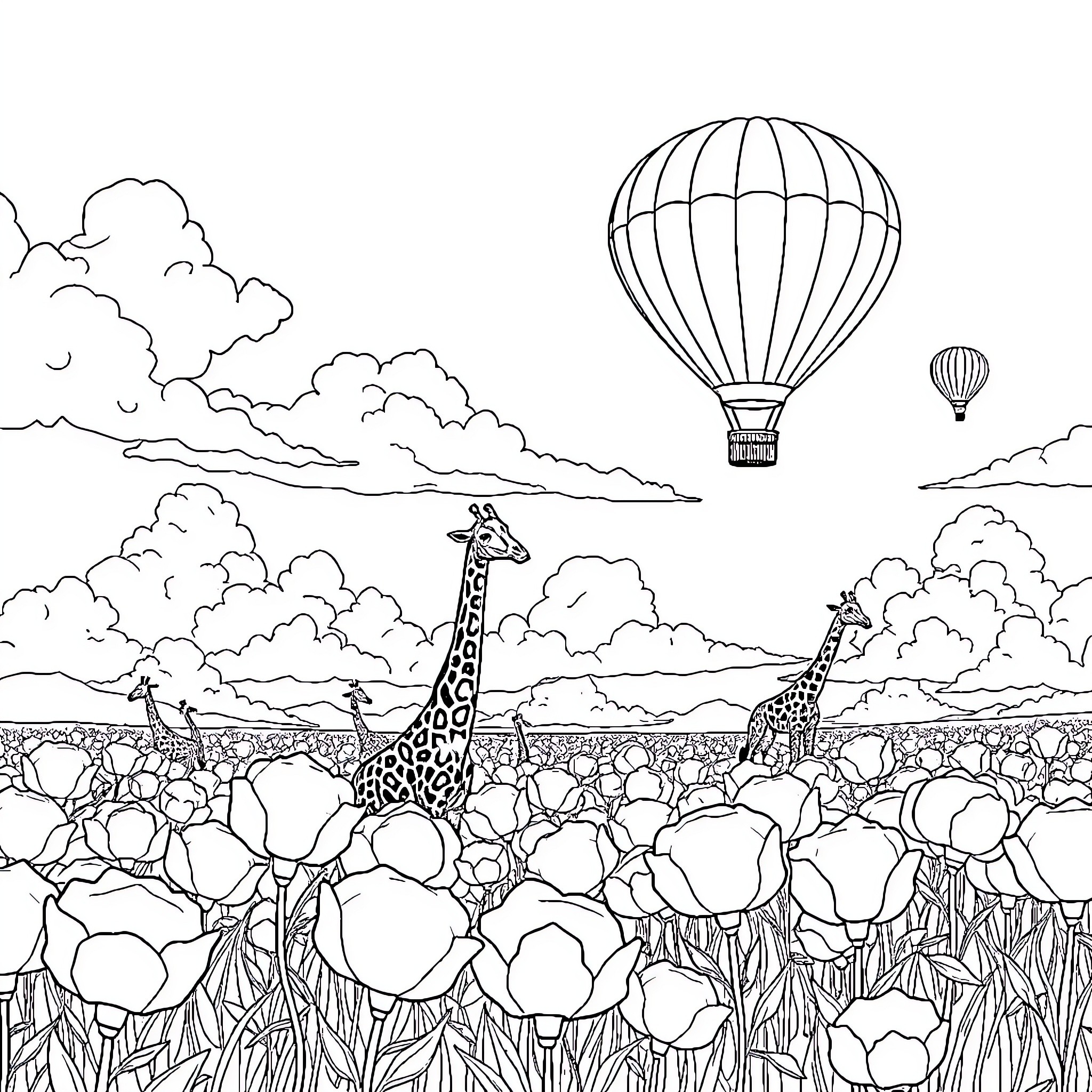Giraffes observing hot air balloons in the clouds Coloring Page (free black-and-white line drawing printable PDF for all, from beginners to advanced learners, including children, teens, adults, and seniors)