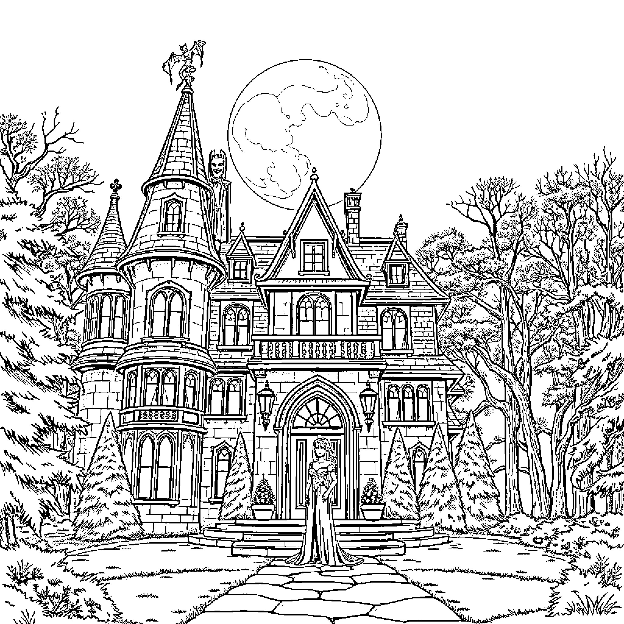 Dracula's Haunting Mansion Under the Moonlight Coloring Page (free black-and-white line drawing printable PDF for all, from beginners to advanced learners, including children, teens, adults, and seniors)