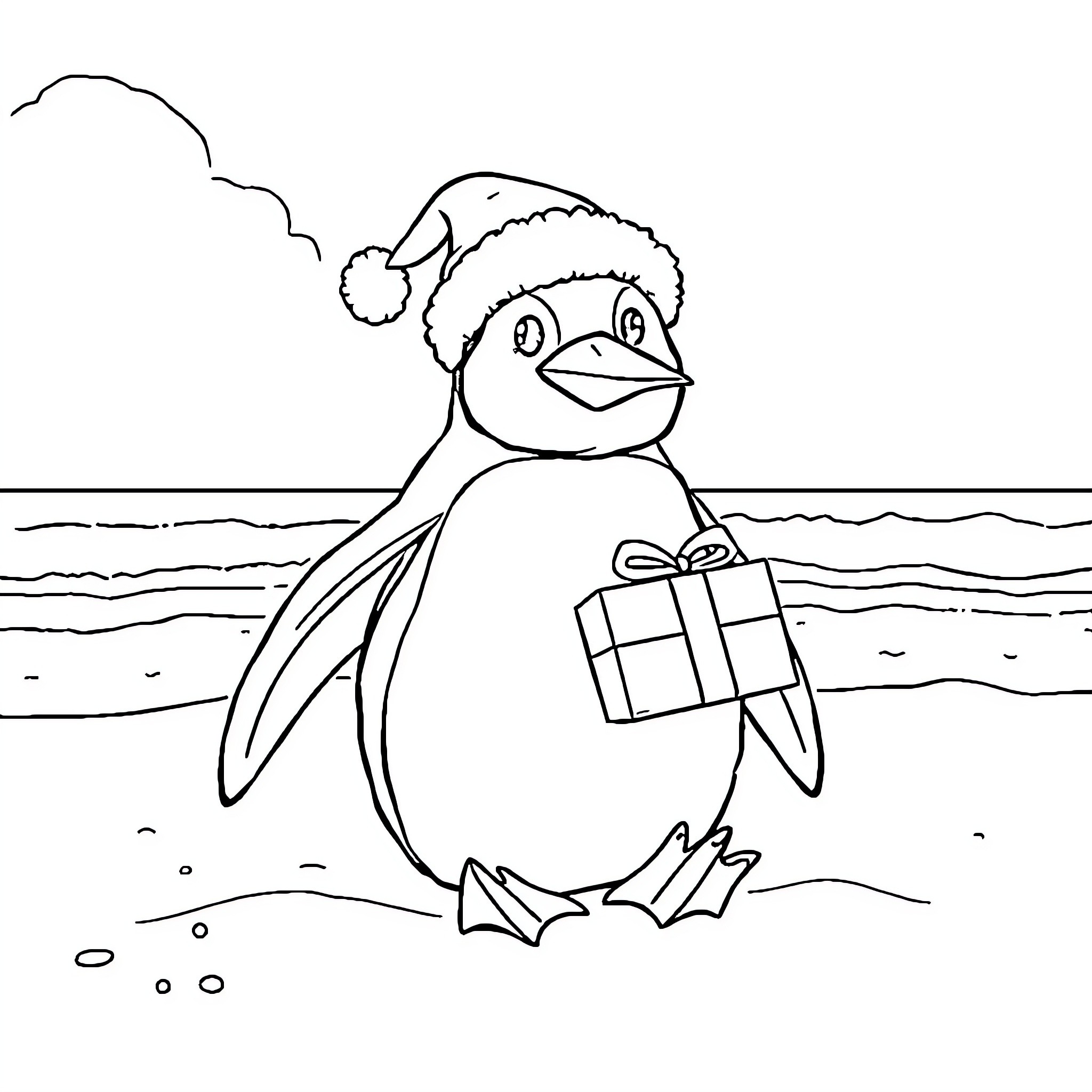 Penguin enjoying the holiday with gift Coloring Page (free black-and-white line drawing printable PDF for all, from beginners to advanced learners, including children, teens, adults, and seniors)
