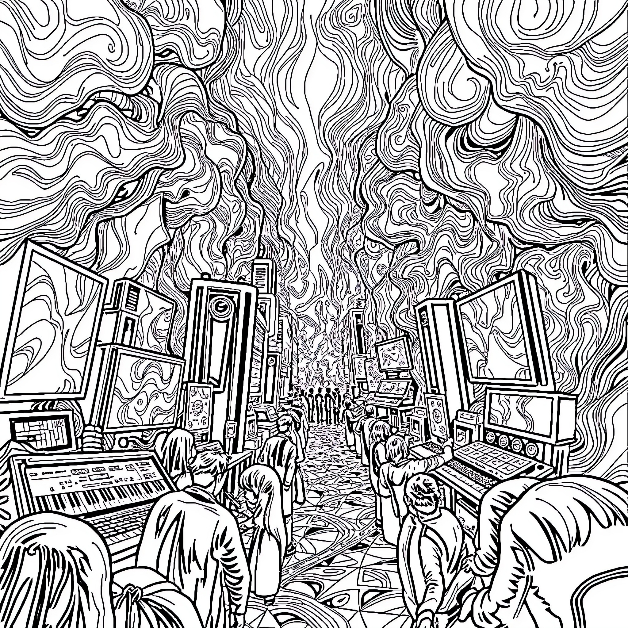 Rez: Cityscape with surreal architecture and crowd Coloring Page (free black-and-white line drawing printable PDF for all, from beginners to advanced learners, including children, teens, adults, and seniors)