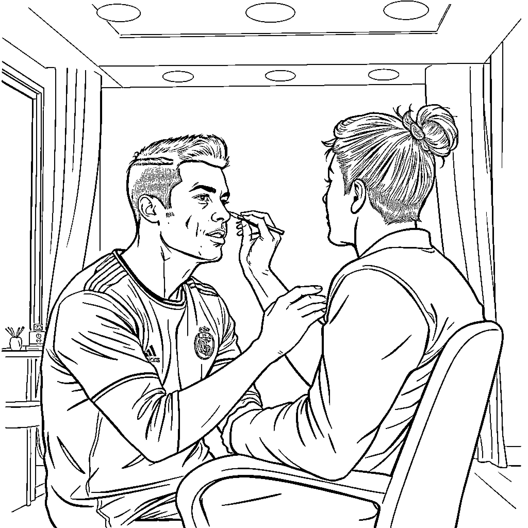 Ronaldo's friendly conversation with a companion Coloring Page (free black-and-white line drawing printable PDF for all, from beginners to advanced learners, including children, teens, adults, and seniors)