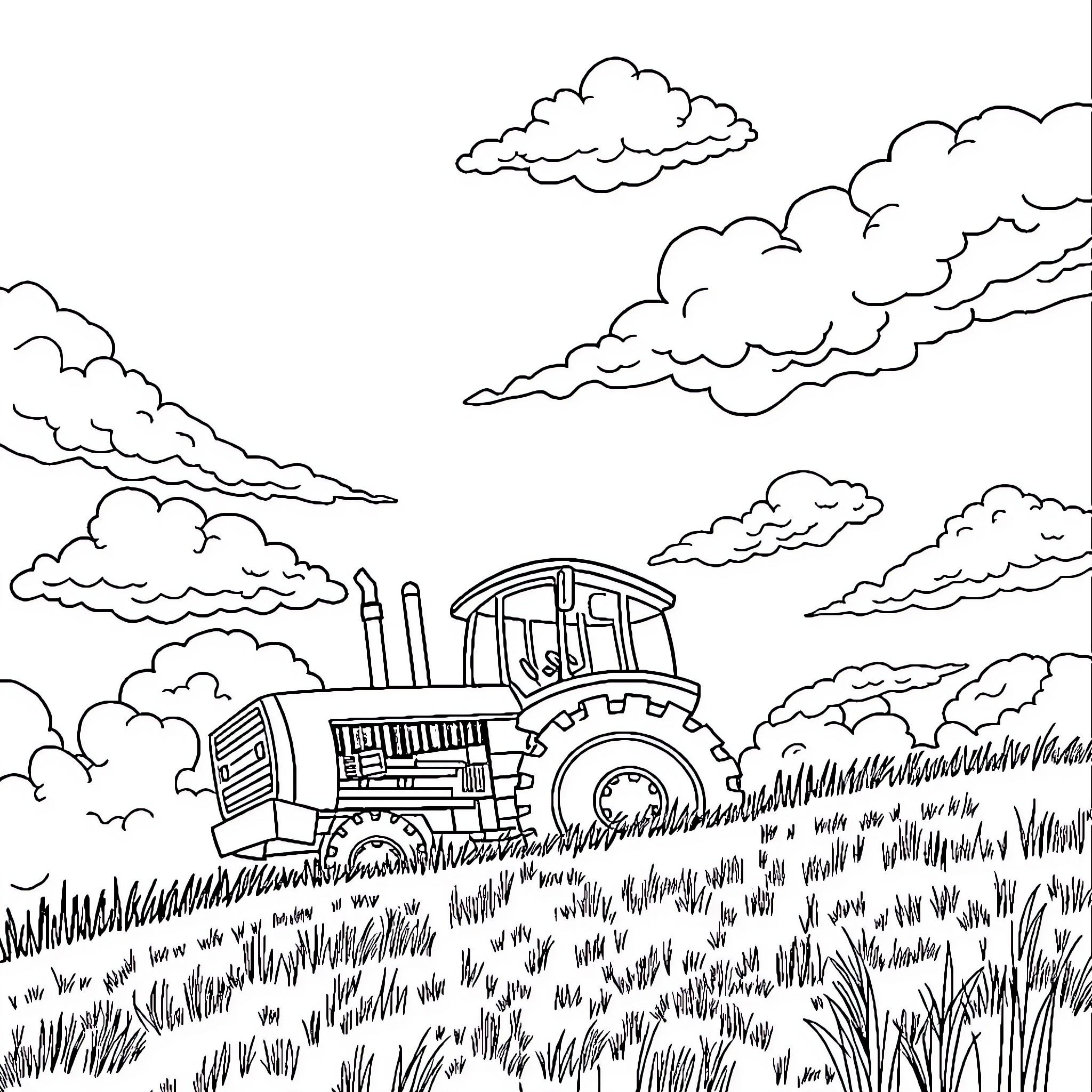 Flying Tractor soaring through a grassy field Coloring Page (free black-and-white line drawing printable PDF for all, from beginners to advanced learners, including children, teens, adults, and seniors)