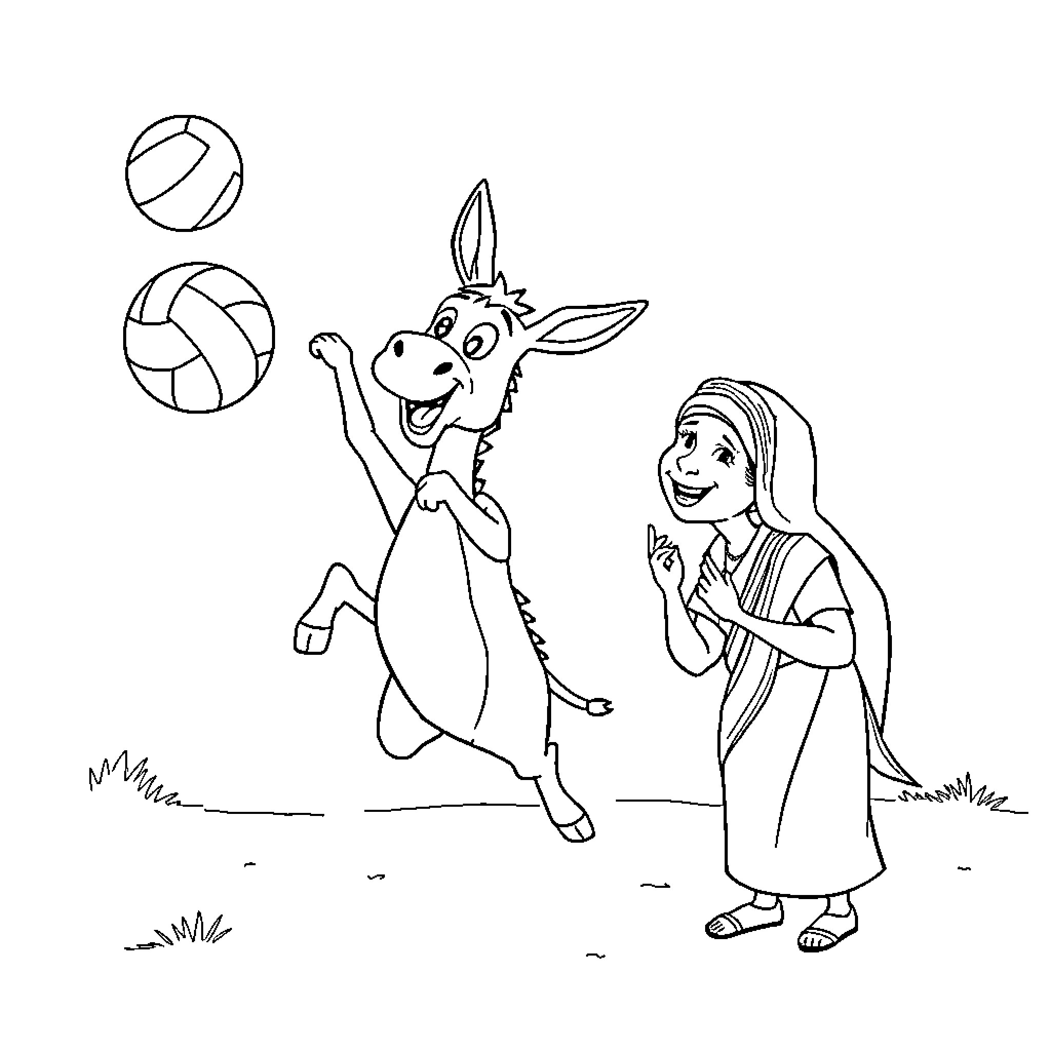 Donkey playing joyfully with a young girl Coloring Page (free black-and-white line drawing printable PDF for all, from beginners to advanced learners, including children, teens, adults, and seniors)