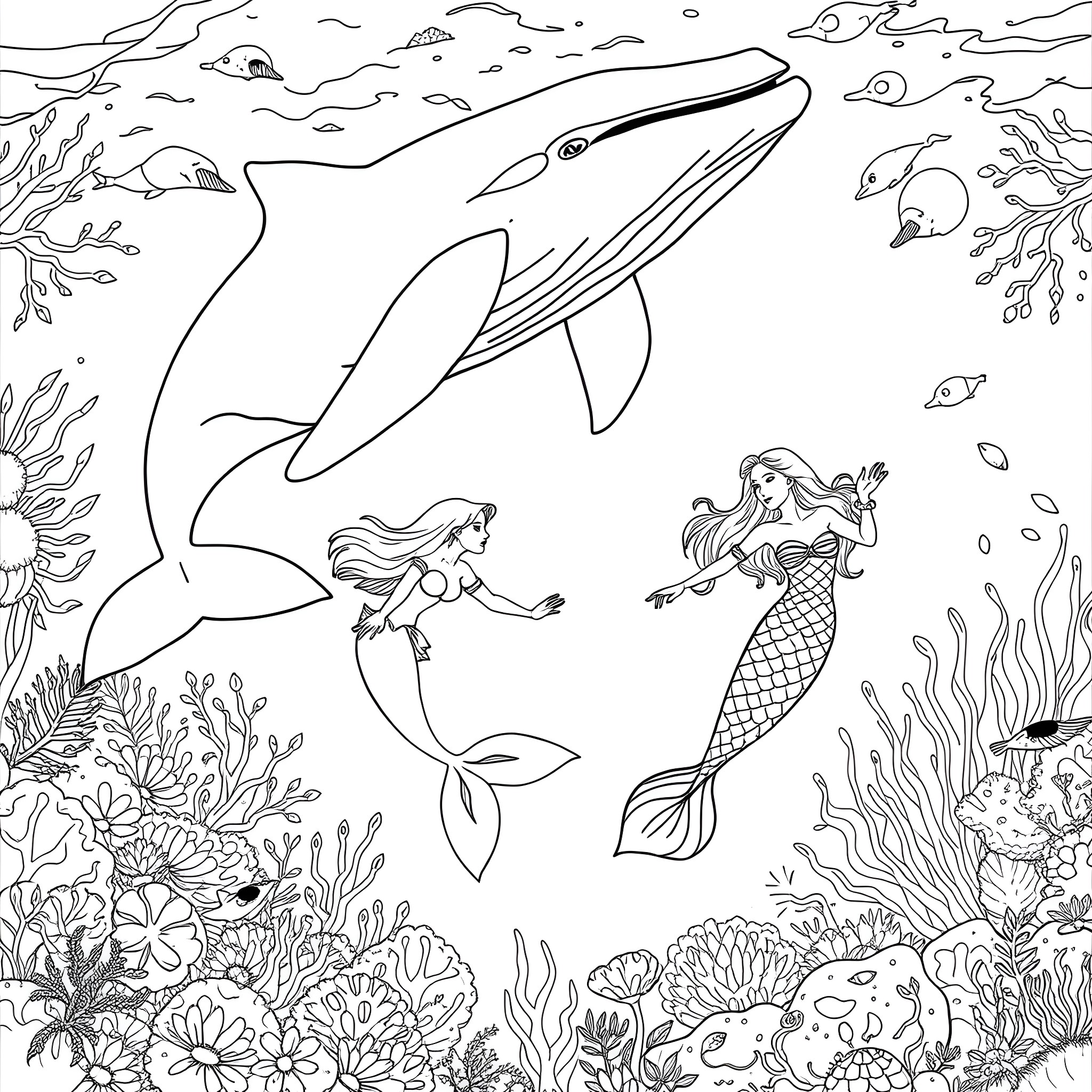 Mermaid and whale swimming in the enchanting ocean Coloring Page (free black-and-white line drawing printable PDF for all, from beginners to advanced learners, including children, teens, adults, and seniors)