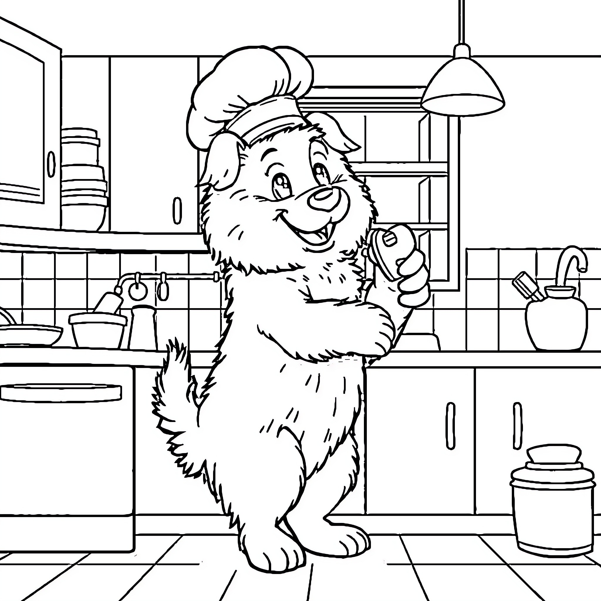 Dog chef happily cooking in the kitchen Coloring Page (free black-and-white line drawing printable PDF for all, from beginners to advanced learners, including children, teens, adults, and seniors)