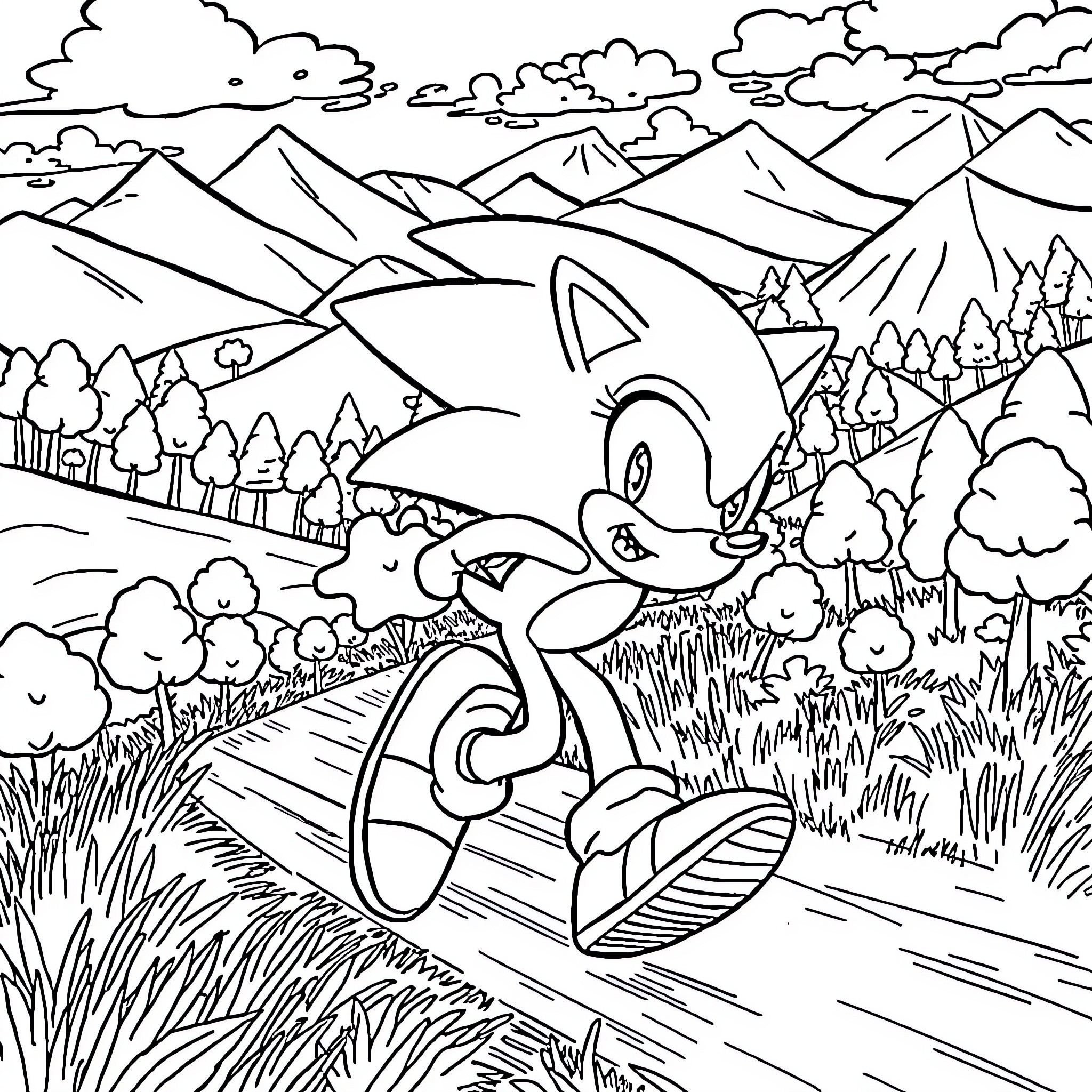 Sonic exploring the scenic mountain landscape Coloring Page (free black-and-white line drawing printable PDF for all, from beginners to advanced learners, including children, teens, adults, and seniors)