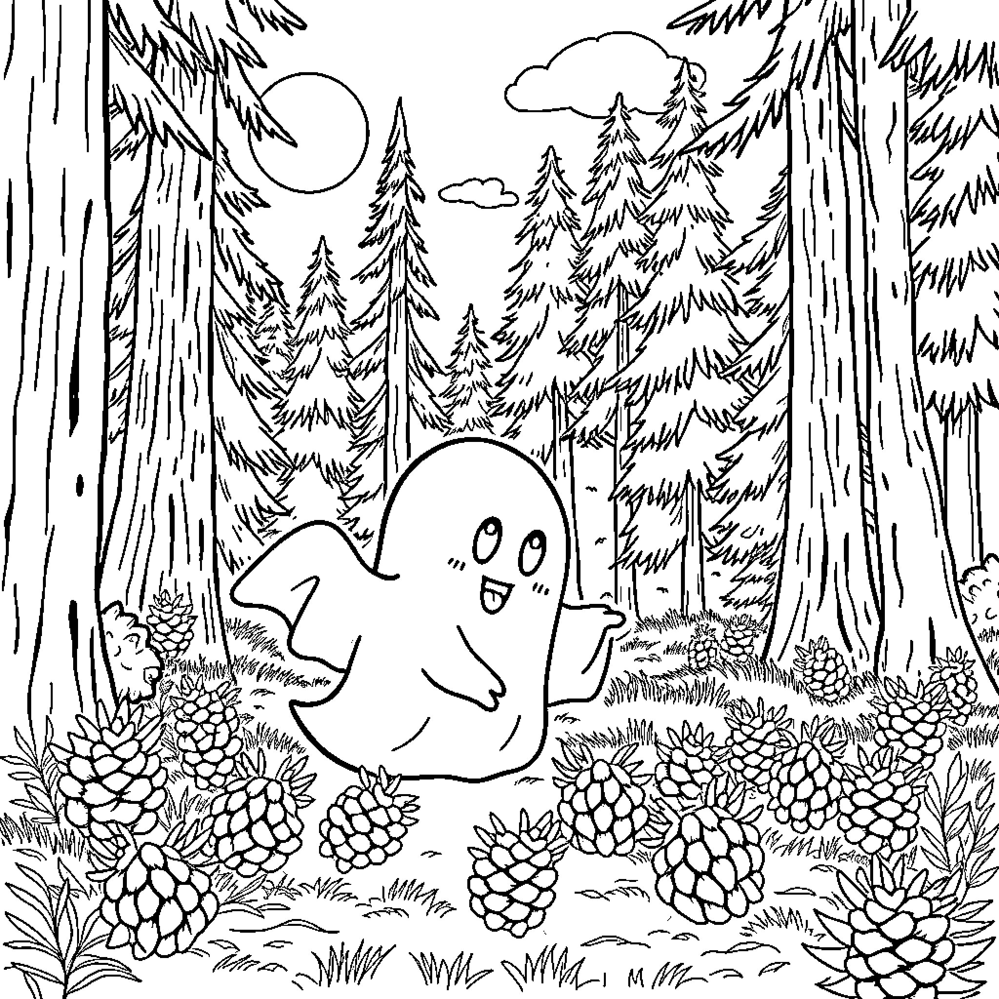 Ghost enjoying the serene forest scene Coloring Page (free black-and-white line drawing printable PDF for all, from beginners to advanced learners, including children, teens, adults, and seniors)