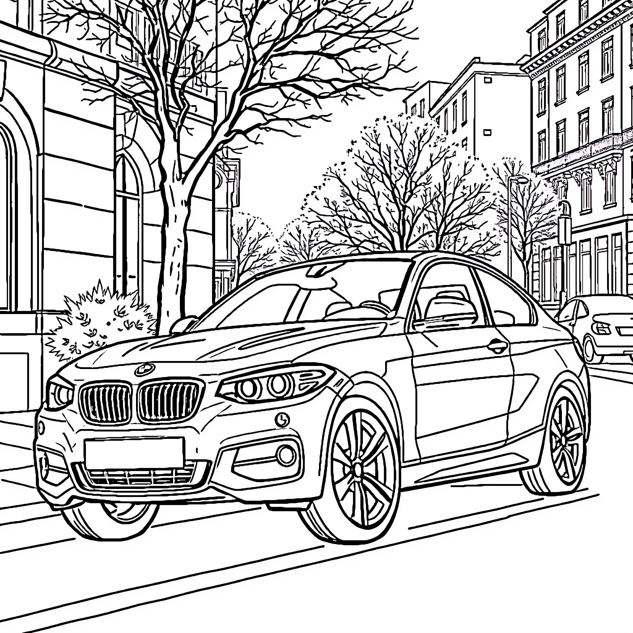 BMW Sports Car on City Street with Trees Coloring Page (free black-and-white line drawing printable PDF for all, from beginners to advanced learners, including children, teens, adults, and seniors)