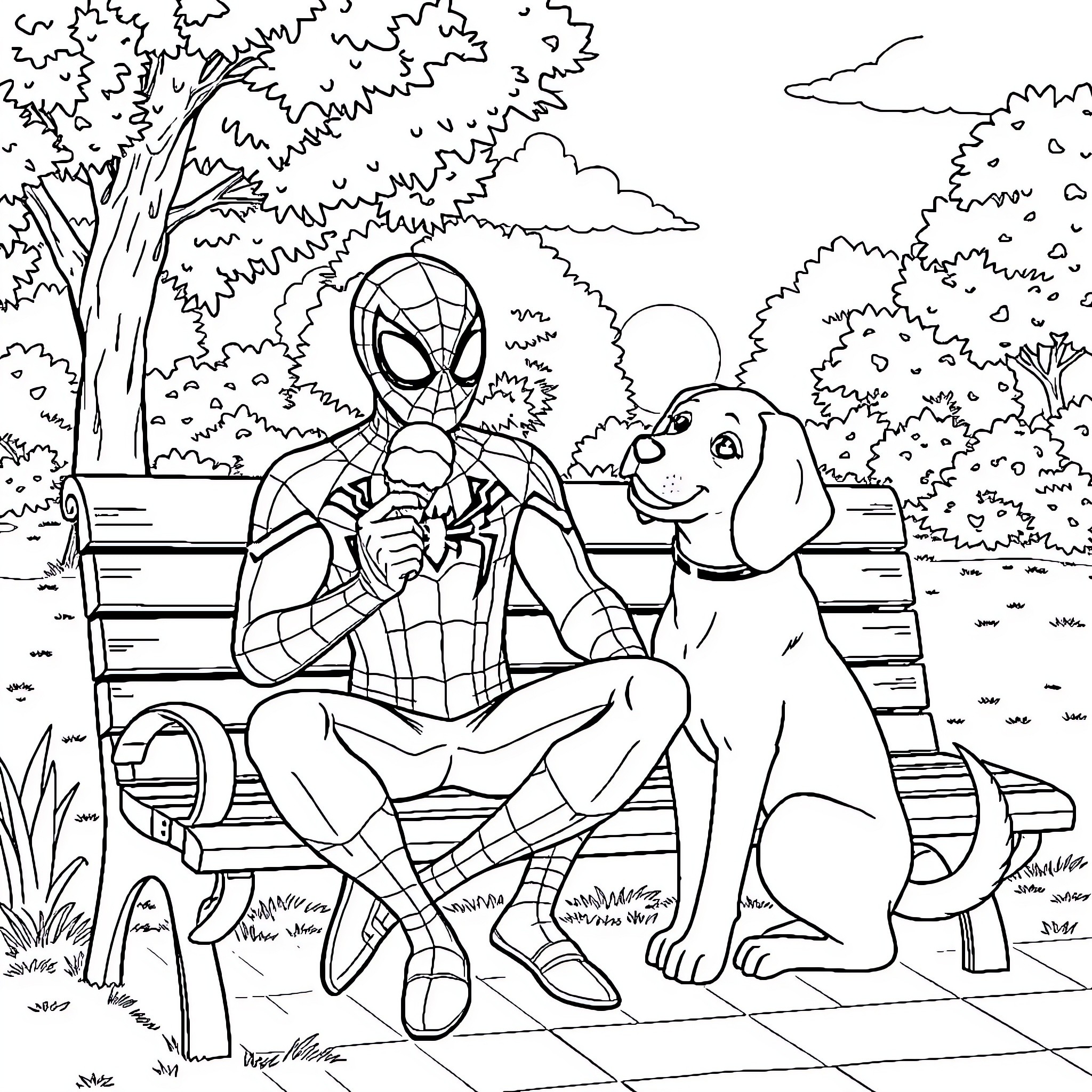 Spiderman relaxing with his friendly dog on a bench Coloring Page (free black-and-white line drawing printable PDF for all, from beginners to advanced learners, including children, teens, adults, and seniors)