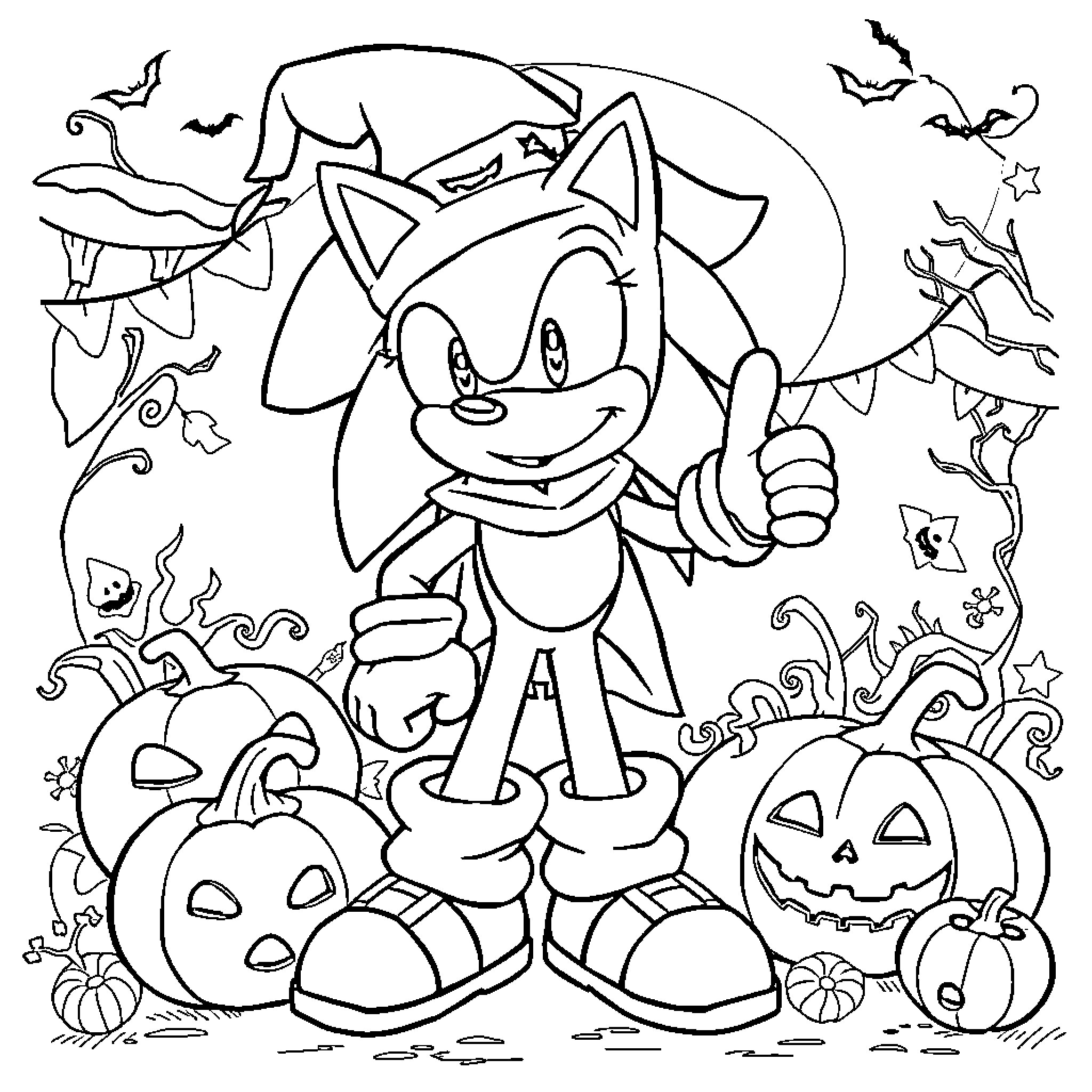 Sonic in a spooky Halloween scene Coloring Page (free black-and-white line drawing printable PDF for all, from beginners to advanced learners, including children, teens, adults, and seniors)