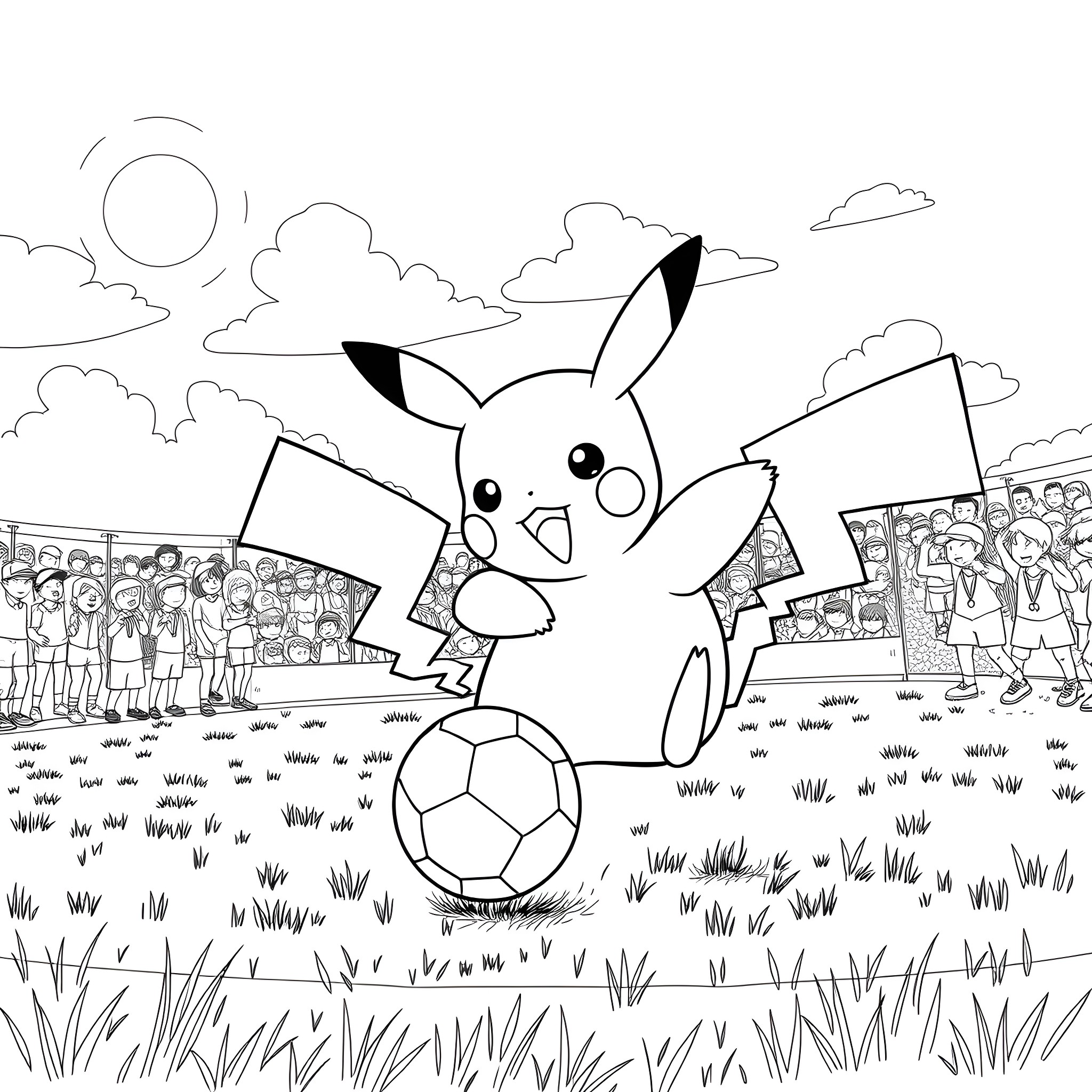 Pikachu playing soccer in a field Coloring Page (free black-and-white line drawing printable PDF for all, from beginners to advanced learners, including children, teens, adults, and seniors)