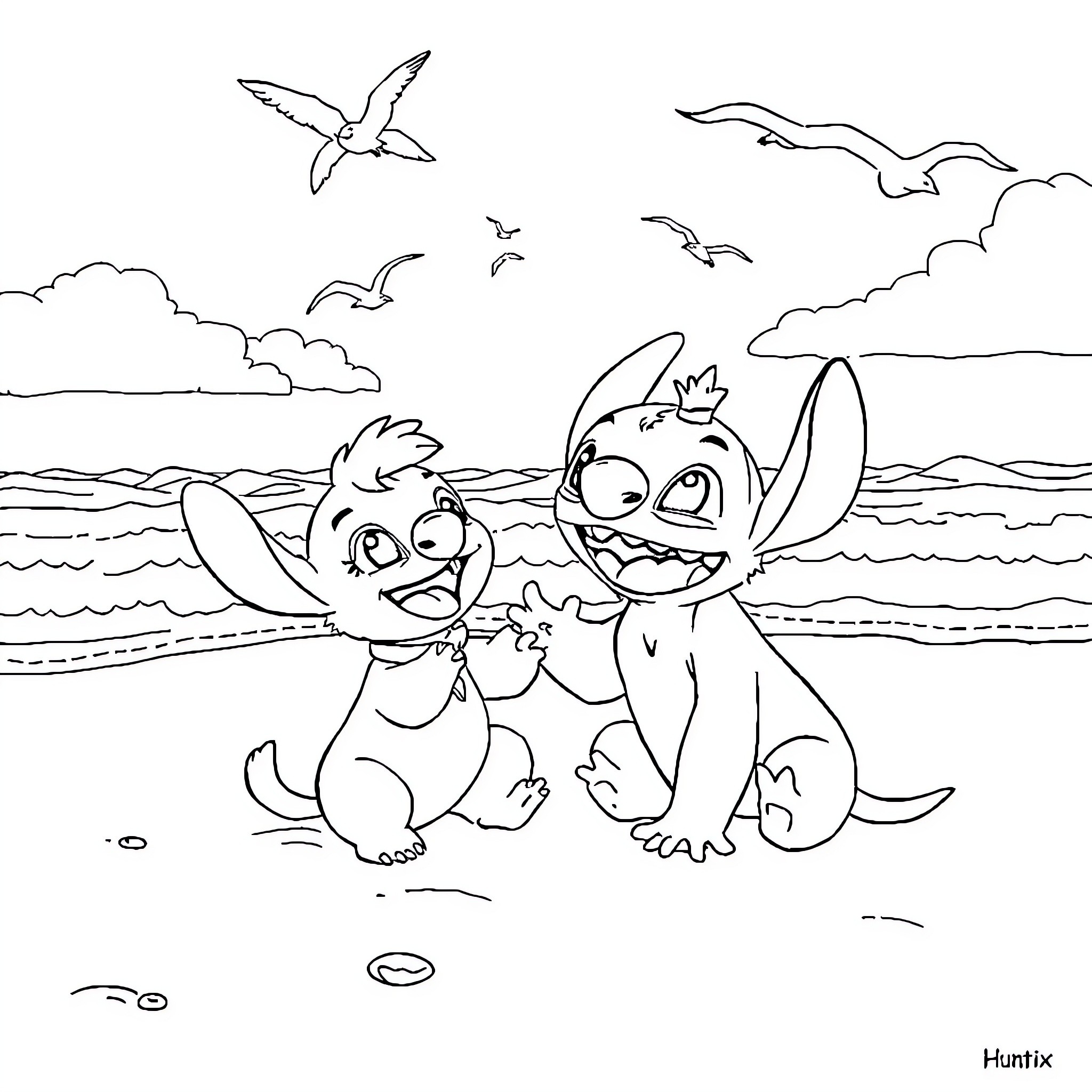 Rumi and Stitch playing joyfully on the beach Coloring Page (free black-and-white line drawing printable PDF for all, from beginners to advanced learners, including children, teens, adults, and seniors)