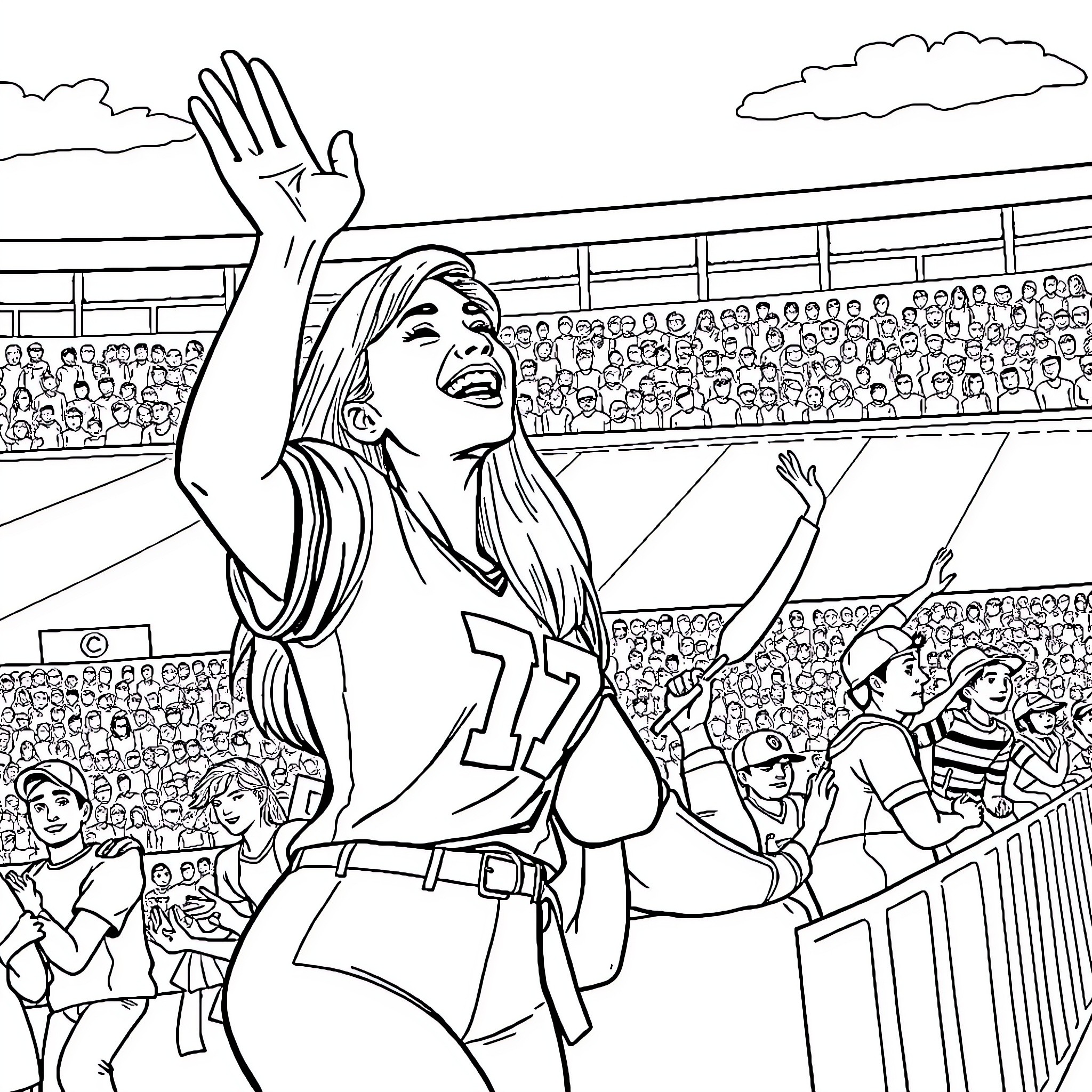Football Mom Cheering Enthusiastically at Game Coloring Page (free black-and-white line drawing printable PDF for all, from beginners to advanced learners, including children, teens, adults, and seniors)