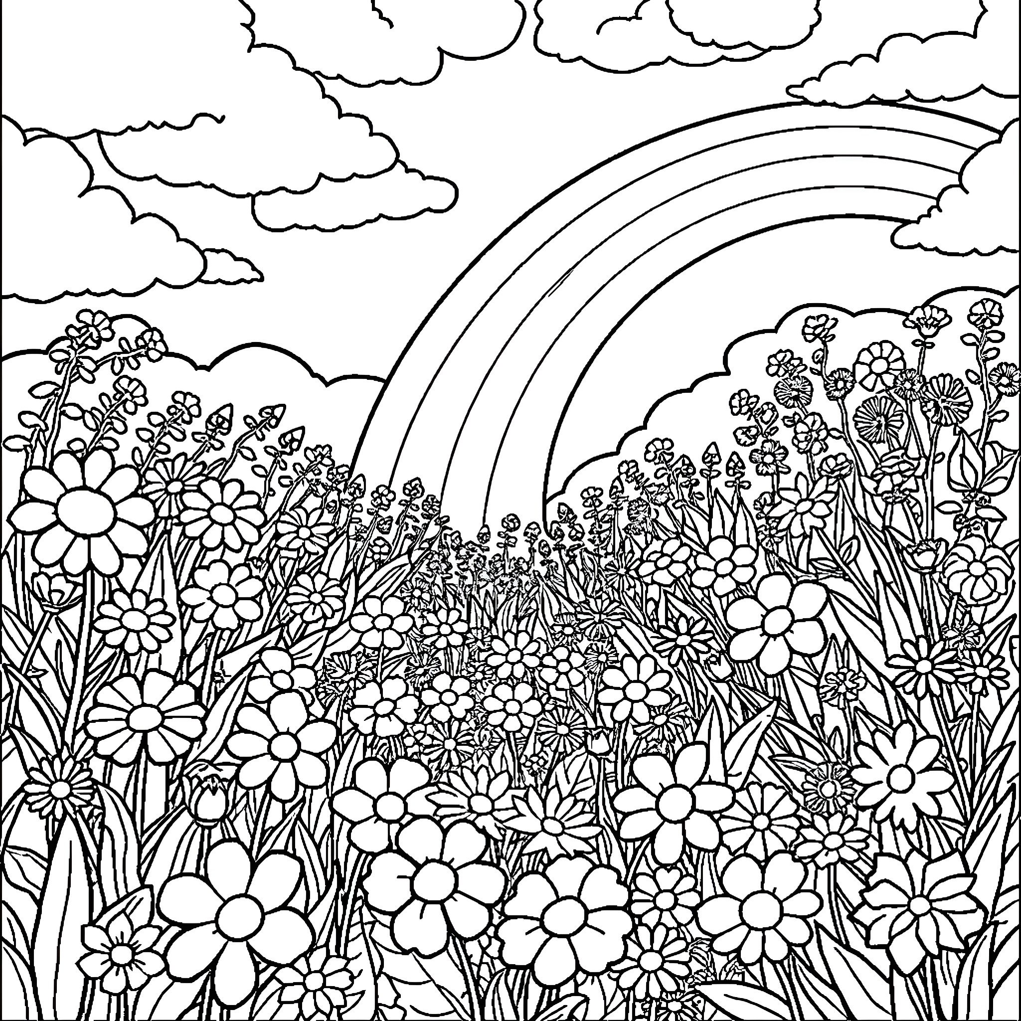 Flower field with a vibrant rainbow in the sky Coloring Page (free black-and-white line drawing printable PDF for all, from beginners to advanced learners, including children, teens, adults, and seniors)
