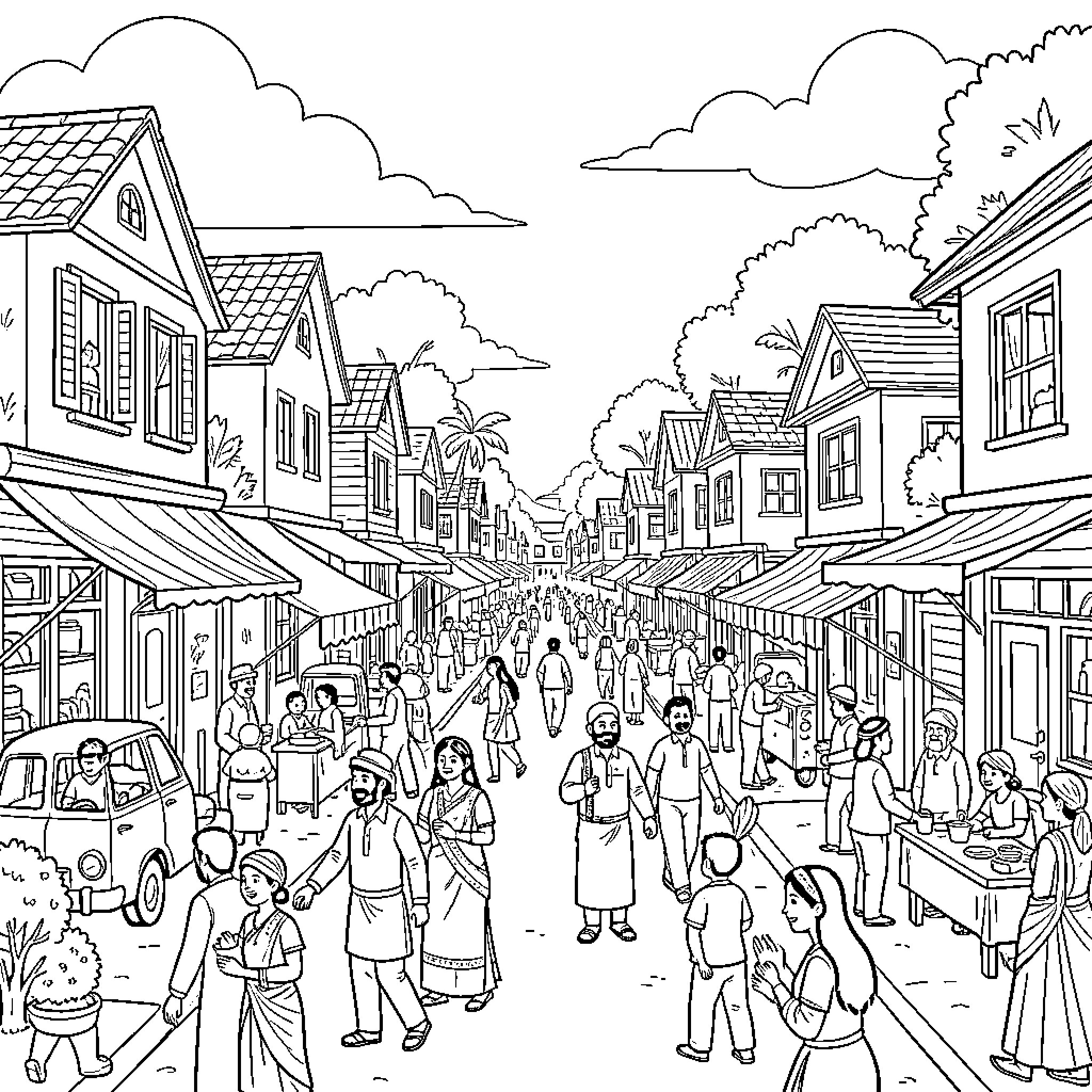 Karuppasamy walking through a busy village street scene Coloring Page (free black-and-white line drawing printable PDF for all, from beginners to advanced learners, including children, teens, adults, and seniors)