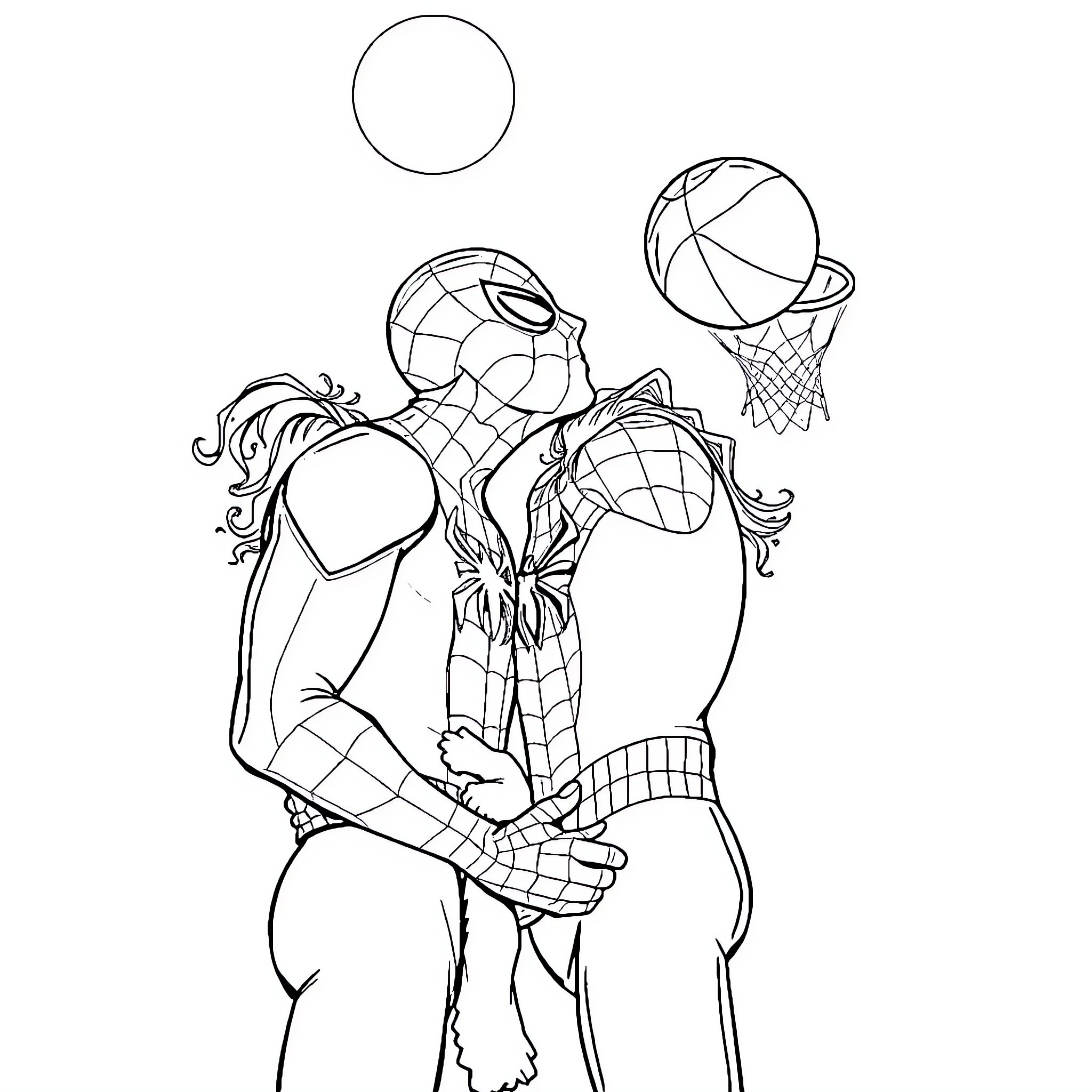 Spiderman playing basketball with friends Coloring Page (free black-and-white line drawing printable PDF for all, from beginners to advanced learners, including children, teens, adults, and seniors)
