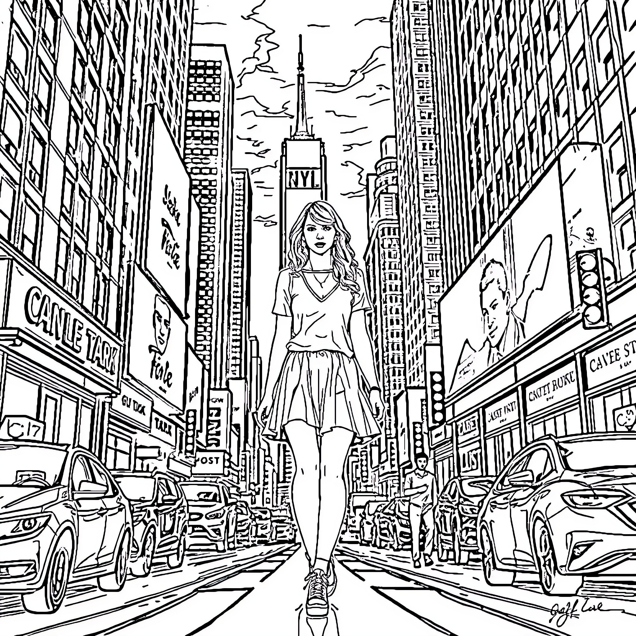 Taylor Swift strolling through the bustling cityscape Coloring Page (free black-and-white line drawing printable PDF for all, from beginners to advanced learners, including children, teens, adults, and seniors)