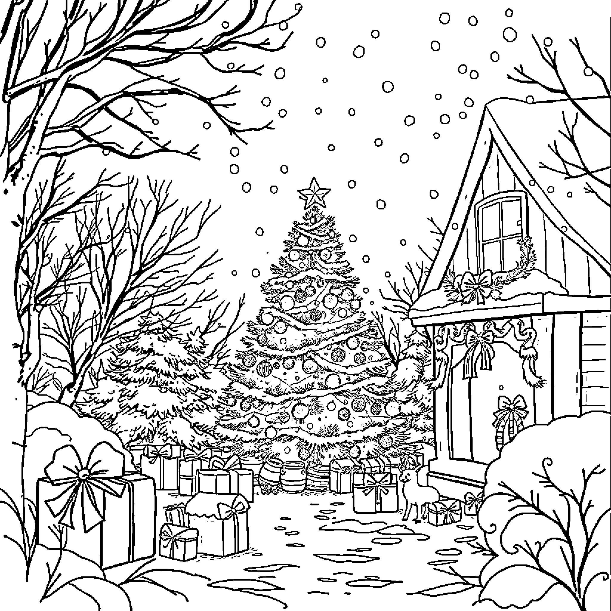 Christmas Wonderland with Snowy Landscape and Decorated Tree Coloring Page (free black-and-white line drawing printable PDF for all, from beginners to advanced learners, including children, teens, adults, and seniors)
