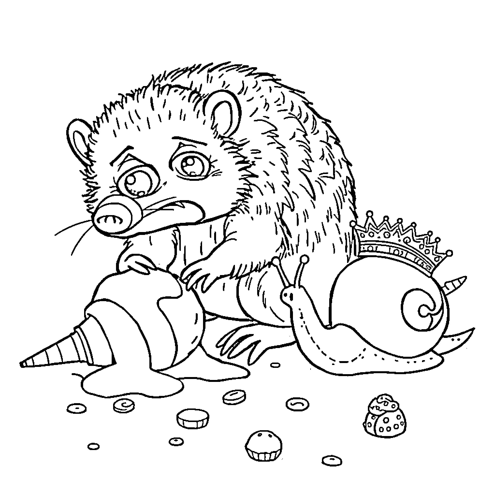 Armadillo enjoying a snack in the forest Coloring Page (free black-and-white line drawing printable PDF for all, from beginners to advanced learners, including children, teens, adults, and seniors)